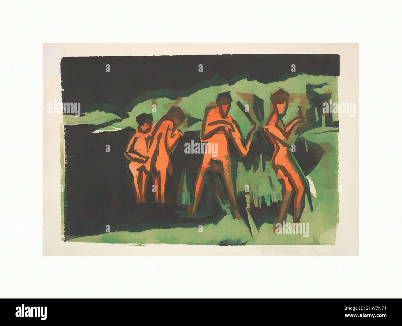Kunst inspiriert von Bathers Throwing Reeds, 1909, Holzschnitt, Bild: 7 3/4 x 11 1/2 Zoll (19,7 x 29,2 cm), Drucke, Ernst Ludwig Kirchner (deutsch, Aschaffenburg 1880–1938 Frauenkirch, Klassische Werke, die von Artotop mit einem Schuss Moderne modernisiert wurden. Formen, Farbe und Wert, auffällige visuelle Wirkung auf Kunst. Emotionen durch Freiheit von Kunstwerken auf zeitgemäße Weise. Eine zeitlose Botschaft, die eine wild kreative neue Richtung verfolgt. Künstler, die sich dem digitalen Medium zuwenden und die Artotop NFT erschaffen Stockfoto