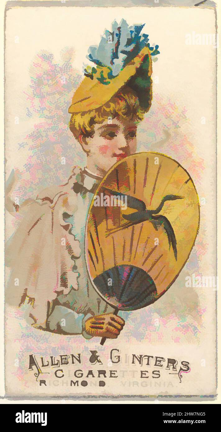 Art Inspired by Plate 36, from the Fans of the Period Series (N7) for Allen & Ginter Cigarettes Brands, 1889, kommerzielle Farblithographie, Blatt: 2 3/4 x 1 1/2 Zoll (7 x 3,8 cm), Tauschkarten aus der Serie „Fans der Zeit“ (N7), die 1889 in einer Serie von 50 Karten zur Werbung herausgegeben wurde, klassische Werke, die von Artotop mit einem Schuss Modernität modernisiert wurden. Formen, Farbe und Wert, auffällige visuelle Wirkung auf Kunst. Emotionen durch Freiheit von Kunstwerken auf zeitgemäße Weise. Eine zeitlose Botschaft, die eine wild kreative neue Richtung verfolgt. Künstler, die sich dem digitalen Medium zuwenden und die Artotop NFT erschaffen Stockfoto