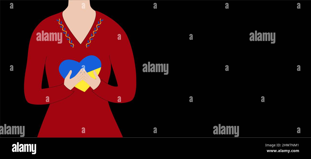 Ukrainische Frau (ohne Kopf) in rotem Kleid mit Herz in blau gelben Flaggen Farben auf schwarzem Hintergrund. Platz für Text kopieren. Das Konzept der Ukraine gefällt mir sehr gut. Flach Stock Vektor