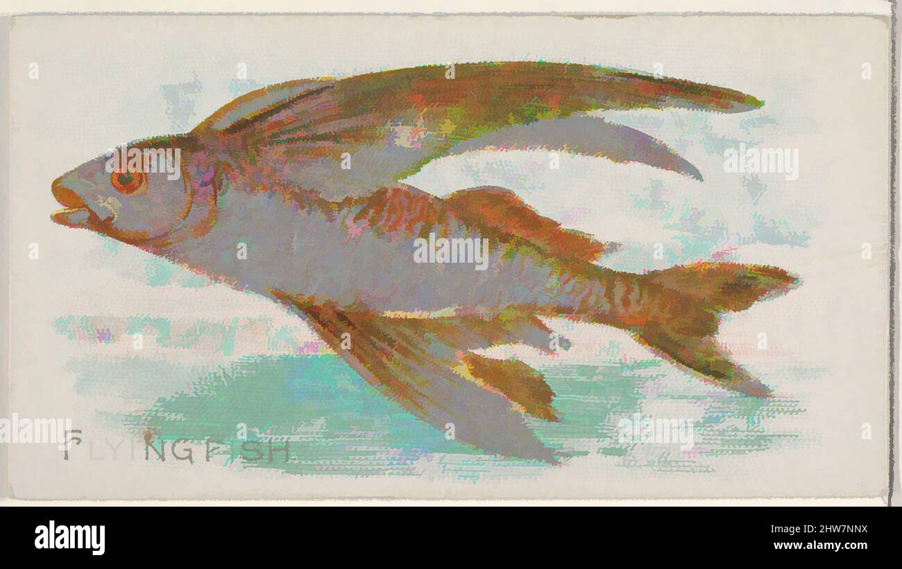 Kunst inspiriert von Flying Fish, aus der Serie Fish from American Waters (N8) für Allen & Ginter Cigarettes Brands, 1889, kommerzielle Farblithographie, Blatt: 1 1/2 x 2 3/4 Zoll (3,8 x 7 cm), Handelskarten aus der Serie 'Fish from American Waters' (N8), die 1889 in einer Serie von 50 herausgegeben wurde, klassische Werke, die von Artotop mit einem Schuss Modernität modernisiert wurden. Formen, Farbe und Wert, auffällige visuelle Wirkung auf Kunst. Emotionen durch Freiheit von Kunstwerken auf zeitgemäße Weise. Eine zeitlose Botschaft, die eine wild kreative neue Richtung verfolgt. Künstler, die sich dem digitalen Medium zuwenden und die Artotop NFT erschaffen Stockfoto