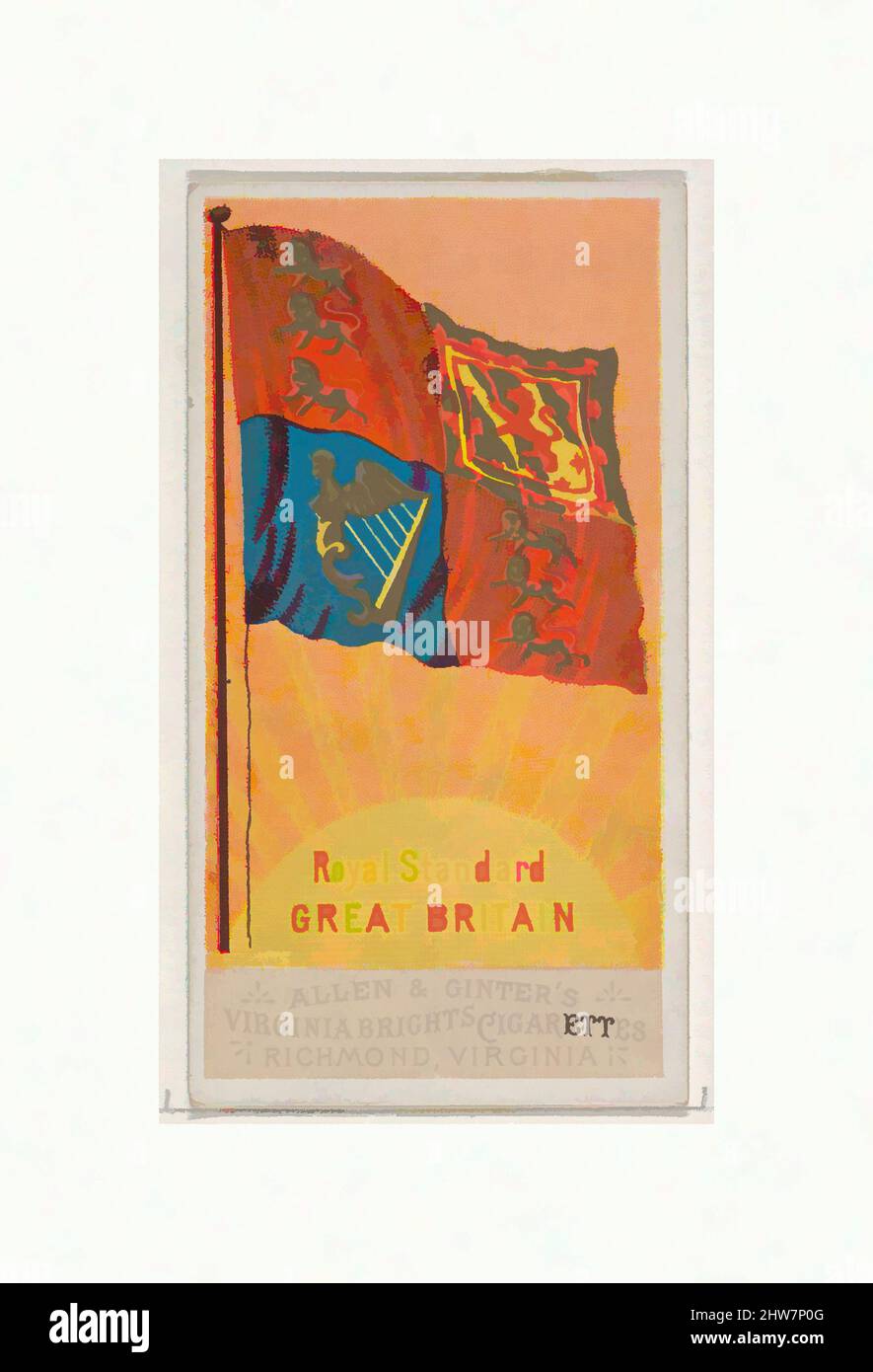 Art Inspired by Royal Standard, Großbritannien, from Flags of All Nations, Series 1 (N9) for Allen & Ginter Cigarettes Brands, 1887, kommerzielle Farblithographie, Blatt: 2 3/4 x 1 1/2 Zoll (7 x 3,8 cm), Trade Cards from the Set, 'Flags of All Nations', Serie 1 (N9), herausgegeben 1887 in einem von Artotop modernisierten, klassischen Werk mit einem Schuss Modernität. Formen, Farbe und Wert, auffällige visuelle Wirkung auf Kunst. Emotionen durch Freiheit von Kunstwerken auf zeitgemäße Weise. Eine zeitlose Botschaft, die eine wild kreative neue Richtung verfolgt. Künstler, die sich dem digitalen Medium zuwenden und die Artotop NFT erschaffen Stockfoto
