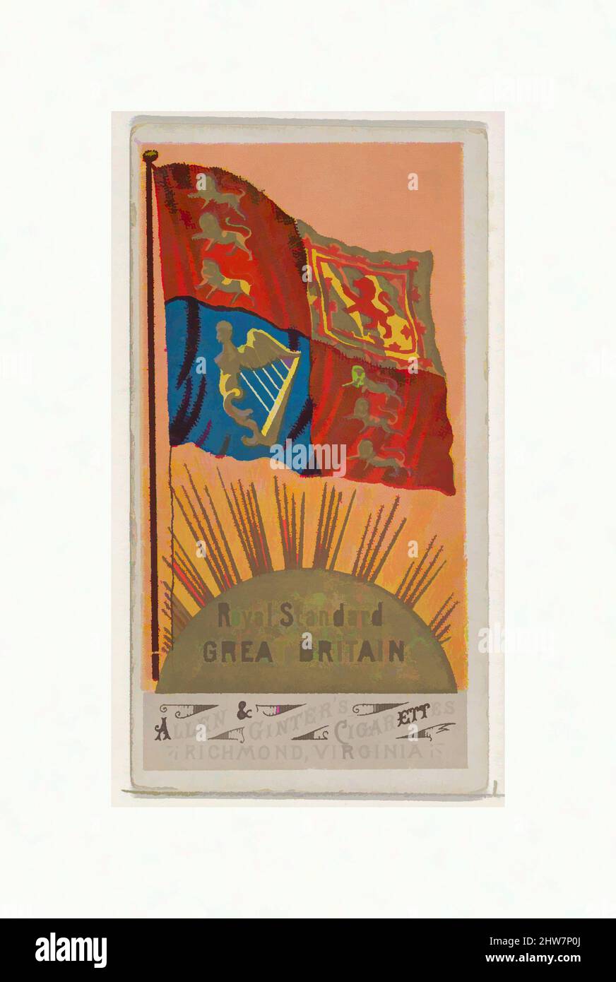 Art Inspired by Royal Standard, Großbritannien, from Flags of All Nations, Series 1 (N9) for Allen & Ginter Cigarettes Brands, 1887, kommerzielle Farblithographie, Blatt: 2 3/4 x 1 1/2 Zoll (7 x 3,8 cm), Trade Cards from the Set, 'Flags of All Nations', Serie 1 (N9), herausgegeben 1887 in einem von Artotop modernisierten, klassischen Werk mit einem Schuss Modernität. Formen, Farbe und Wert, auffällige visuelle Wirkung auf Kunst. Emotionen durch Freiheit von Kunstwerken auf zeitgemäße Weise. Eine zeitlose Botschaft, die eine wild kreative neue Richtung verfolgt. Künstler, die sich dem digitalen Medium zuwenden und die Artotop NFT erschaffen Stockfoto