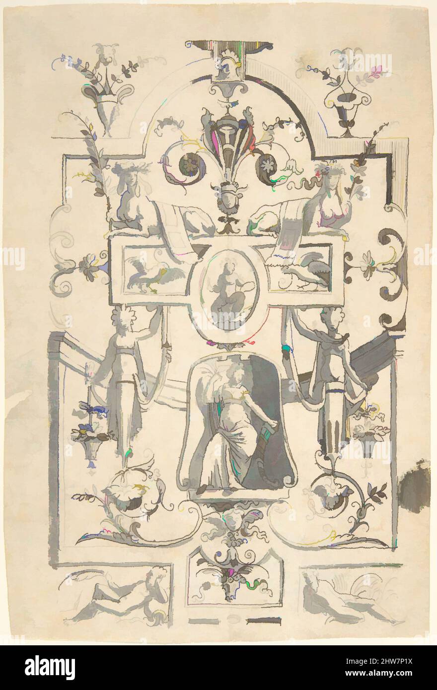 Kunst inspiriert von Candelabra Groteske mit einer weiblichen Figur in einer Nische und zwei Sphinxes, 1540 nachher, Stift und schwarzer Tinte, Pinsel und Grauwäsche, Blatt: 8 3/4 x 5 7/8 Zoll (22,2 x 15 cm), Anonym, Italienisch, 16. Century ?, After Cornelis Massys (Netherlandish, Antwerpen 1510/11–1556/57 Antwerpen, Klassische Werke, die von Artotop mit einem Schuss Moderne modernisiert wurden. Formen, Farbe und Wert, auffällige visuelle Wirkung auf Kunst. Emotionen durch Freiheit von Kunstwerken auf zeitgemäße Weise. Eine zeitlose Botschaft, die eine wild kreative neue Richtung verfolgt. Künstler, die sich dem digitalen Medium zuwenden und die Artotop NFT erschaffen Stockfoto