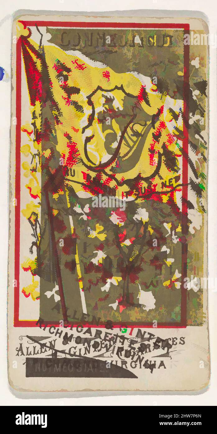 Kunst inspiriert von Connecticut und Irland (doppelbedruckte Karte), von Flags of All Nations, Serie 1 (N9) für Allen & Ginter Cigarettes Brands, 1887, kommerzielle Farblithographie, Blatt: 2 3/4 x 1 1/2 Zoll (7 x 3,8 cm), Trade Cards from the Set, 'Flags of All Nations', Serie 1 (N9, Klassisches Werk, modernisiert von Artotop mit einem Schuss Modernität. Formen, Farbe und Wert, auffällige visuelle Wirkung auf Kunst. Emotionen durch Freiheit von Kunstwerken auf zeitgemäße Weise. Eine zeitlose Botschaft, die eine wild kreative neue Richtung verfolgt. Künstler, die sich dem digitalen Medium zuwenden und die Artotop NFT erschaffen Stockfoto