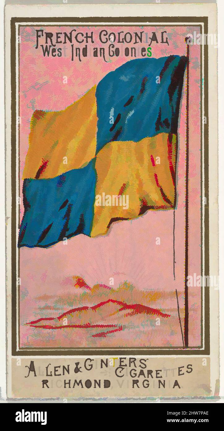 Kunst inspiriert von französischen kolonialen westindischen Kolonien, aus Flags of All Nations, Serie 2 (N10) for Allen & Ginter Cigarettes Brands, 1890, kommerzielle Farblithographie, Blatt: 2 3/4 x 1 1/2 Zoll (7 x 3,8 cm), Trade Cards from the Set, 'Flags of All Nations', Serie 2 (N10), herausgegeben in, Klassisches Werk, modernisiert von Artotop mit einem Schuss Moderne. Formen, Farbe und Wert, auffällige visuelle Wirkung auf Kunst. Emotionen durch Freiheit von Kunstwerken auf zeitgemäße Weise. Eine zeitlose Botschaft, die eine wild kreative neue Richtung verfolgt. Künstler, die sich dem digitalen Medium zuwenden und die Artotop NFT erschaffen Stockfoto