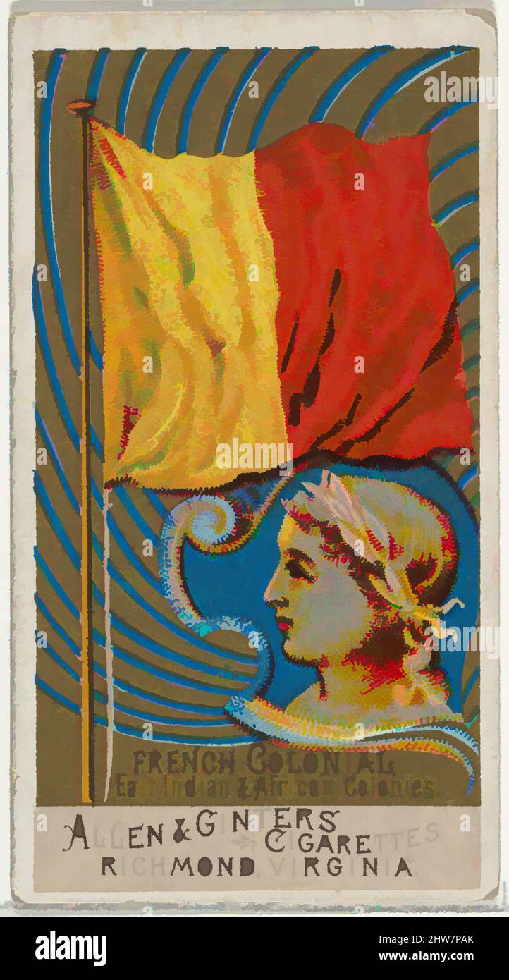 Kunst inspiriert von französischen kolonialen ostindischen und afrikanischen Kolonien, aus Flags of All Nations, Serie 2 (N10) for Allen & Ginter Cigarettes Brands, 1890, kommerzielle Farblithographie, Blatt: 2 3/4 x 1 1/2 Zoll (7 x 3,8 cm), Trade Cards from the Set, 'Flags of All Nations', Serie 2 (N10, Klassisches Werk, modernisiert von Artotop mit einem Schuss Modernität. Formen, Farbe und Wert, auffällige visuelle Wirkung auf Kunst. Emotionen durch Freiheit von Kunstwerken auf zeitgemäße Weise. Eine zeitlose Botschaft, die eine wild kreative neue Richtung verfolgt. Künstler, die sich dem digitalen Medium zuwenden und die Artotop NFT erschaffen Stockfoto