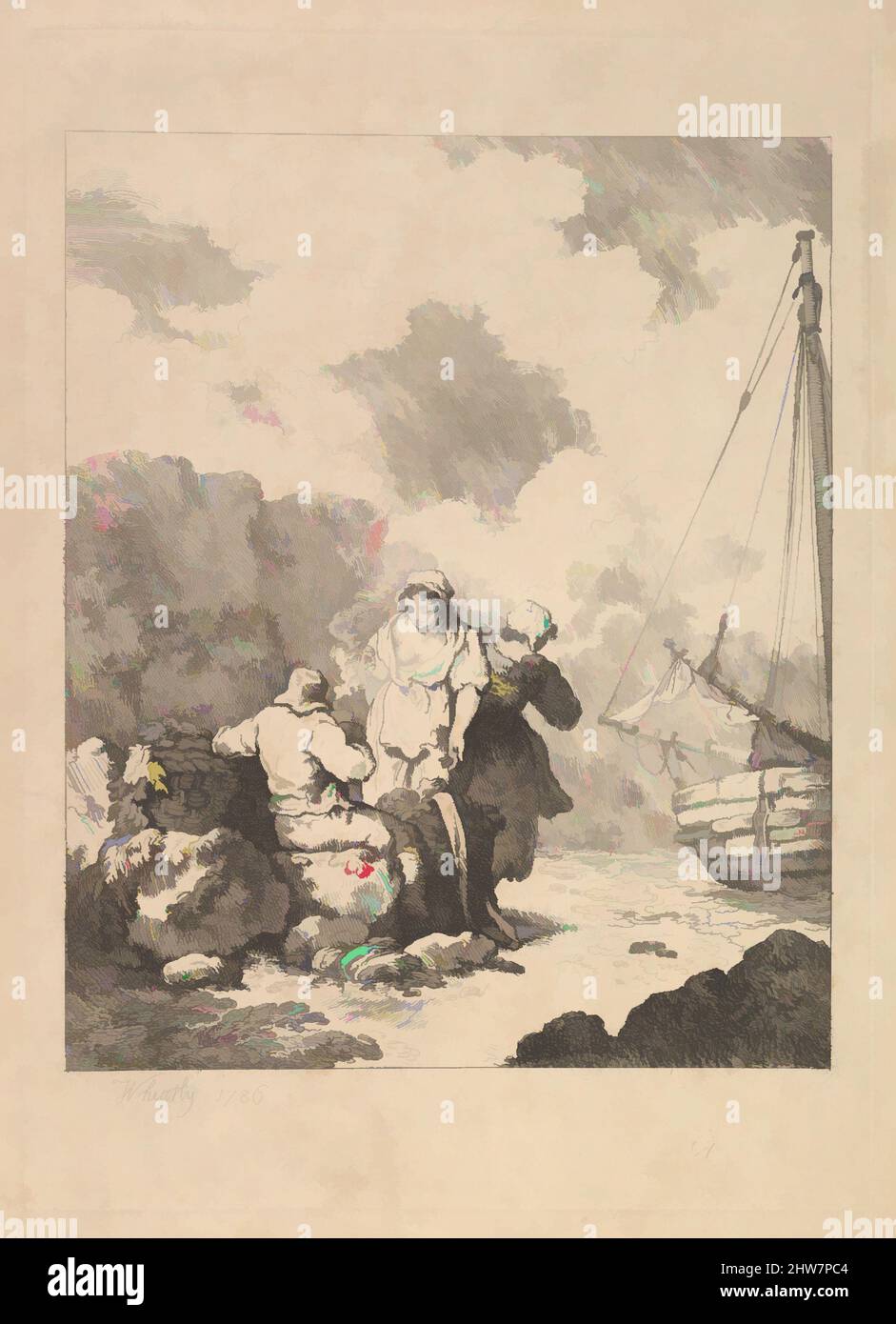 Kunst, inspiriert von Fischern am Ufer – Küstenszene mit einem Mann, der auf Felsen sitzt und eine Pfeife raucht, neben einer stehenden jungen Frau, mit einer zweiten Frau dahinter, 1786, Radierung, Teller: 13 3/4 x 9 13/16 Zoll (34,9 x 25 cm), Drucke, After Francis Wheatley (British, London 1747–1801 London, Klassische Werke, die von Artotop mit einem Schuss Moderne modernisiert wurden. Formen, Farbe und Wert, auffällige visuelle Wirkung auf Kunst. Emotionen durch Freiheit von Kunstwerken auf zeitgemäße Weise. Eine zeitlose Botschaft, die eine wild kreative neue Richtung verfolgt. Künstler, die sich dem digitalen Medium zuwenden und die Artotop NFT erschaffen Stockfoto
