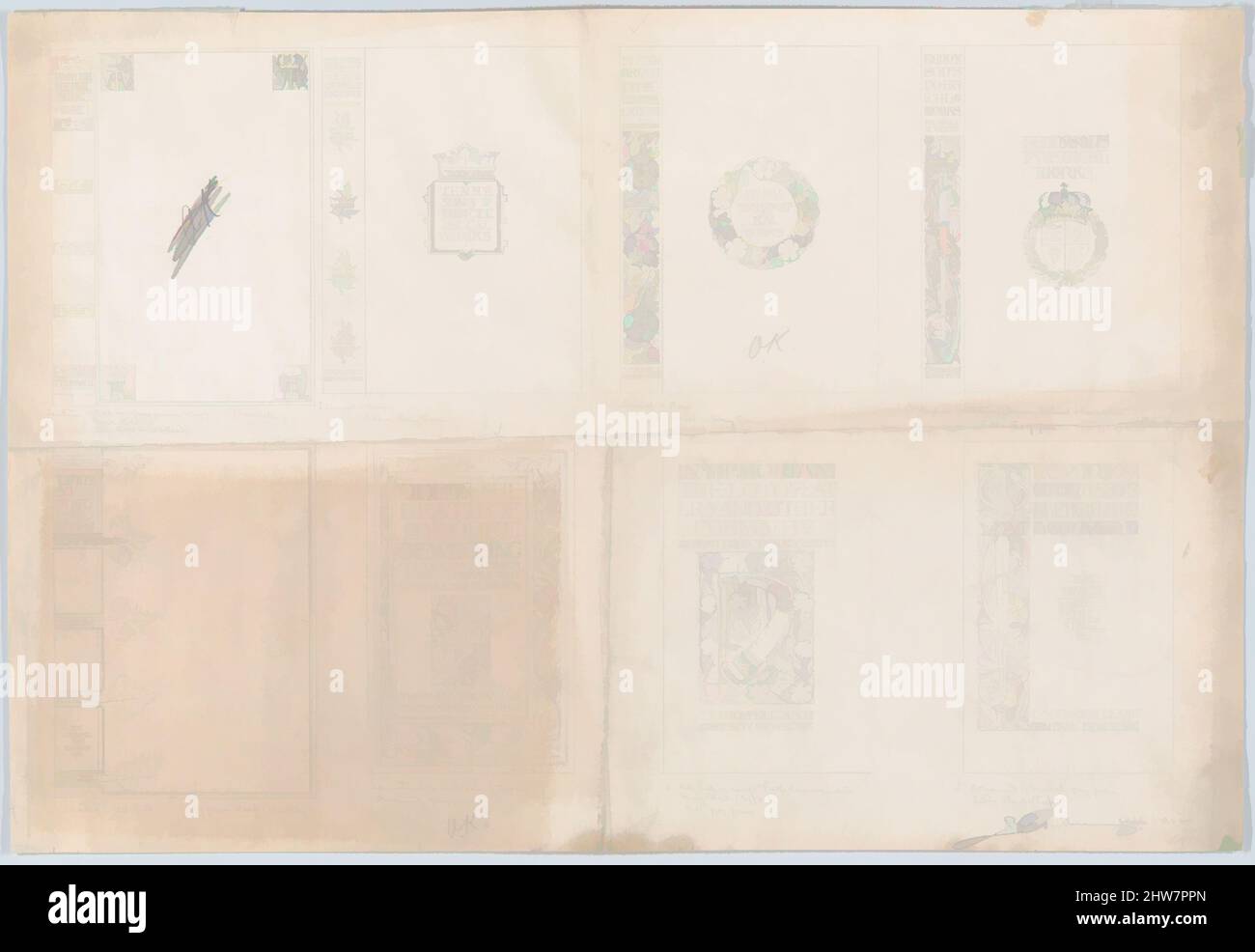 Art Inspired by Cover Designs for an Edition of Tennyson's Poems, published by Thomas Y. Crowell, 1902, Graphite, Sheet: 14 15/16 x 21 15/16 in. (37,9 x 55,7 cm), Zeichnungen, Bertram Goodhue (Amerikaner, Pomfret, Connecticut 1869–1924 New York, Klassische Werke, die von Artotop mit einem Schuss Moderne modernisiert wurden. Formen, Farbe und Wert, auffällige visuelle Wirkung auf Kunst. Emotionen durch Freiheit von Kunstwerken auf zeitgemäße Weise. Eine zeitlose Botschaft, die eine wild kreative neue Richtung verfolgt. Künstler, die sich dem digitalen Medium zuwenden und die Artotop NFT erschaffen Stockfoto