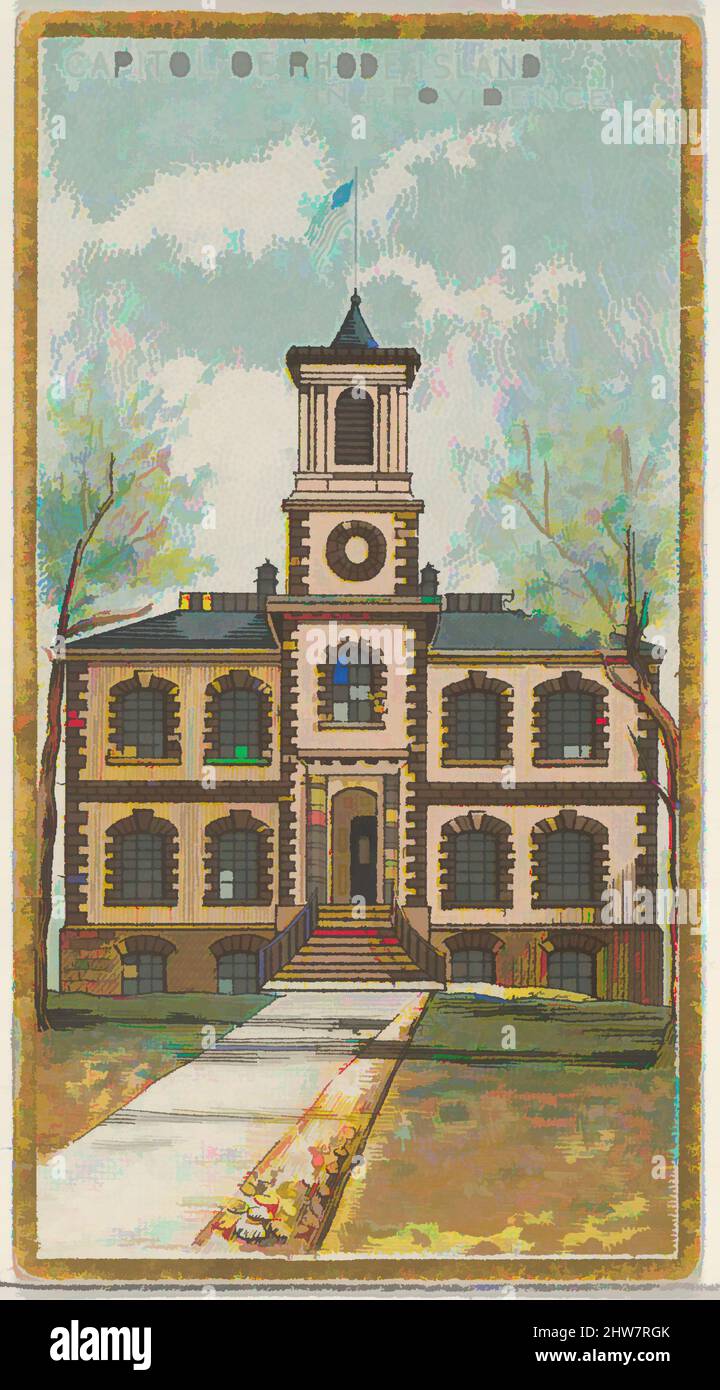 Kunst inspiriert vom Capitol of Rhode Island in Providence, aus der Serie General Government and State Capitol Buildings (N14) for Allen & Ginter Cigarettes Brands, 1889, kommerzielle Farblithographie, Blatt: 2 3/4 x 1 1/2 Zoll (7 x 3,8 cm), Handelskarten von Regierung und Staat, Klassische Werke, die von Artotop mit einem Schuss Moderne modernisiert wurden. Formen, Farbe und Wert, auffällige visuelle Wirkung auf Kunst. Emotionen durch Freiheit von Kunstwerken auf zeitgemäße Weise. Eine zeitlose Botschaft, die eine wild kreative neue Richtung verfolgt. Künstler, die sich dem digitalen Medium zuwenden und die Artotop NFT erschaffen Stockfoto