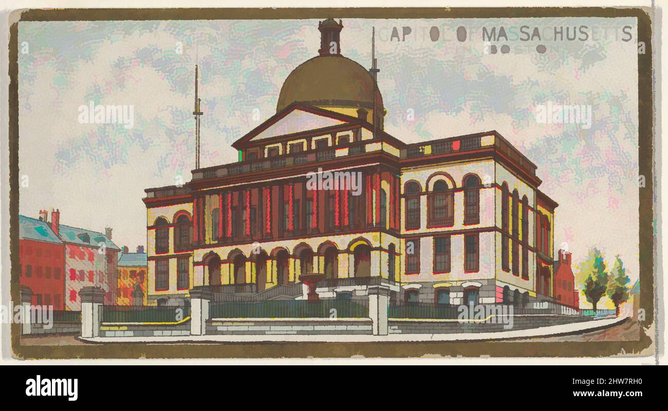 Kunst inspiriert vom Capitol of Massachusetts in Boston, aus der Serie General Government and State Capitol Buildings (N14) für Allen & Ginter Cigarettes Brands, 1889, kommerzielle Farblithographie, Blatt: 1 1/2 x 2 3/4 Zoll (3,8 x 7 cm), Handelskarten von Regierung und Staat, Klassische Werke, die von Artotop mit einem Schuss Moderne modernisiert wurden. Formen, Farbe und Wert, auffällige visuelle Wirkung auf Kunst. Emotionen durch Freiheit von Kunstwerken auf zeitgemäße Weise. Eine zeitlose Botschaft, die eine wild kreative neue Richtung verfolgt. Künstler, die sich dem digitalen Medium zuwenden und die Artotop NFT erschaffen Stockfoto