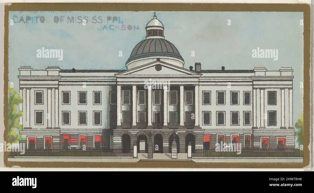 Kunst inspiriert vom Capitol of Mississippi in Jackson, aus der Serie General Government and State Capitol Buildings (N14) für Allen & Ginter Cigarettes Brands, 1889, kommerzielle Farblithographie, Blatt: 1 1/2 x 2 3/4 Zoll (3,8 x 7 cm), Handelskarten von Regierung und Staat, Klassische Werke, die von Artotop mit einem Schuss Moderne modernisiert wurden. Formen, Farbe und Wert, auffällige visuelle Wirkung auf Kunst. Emotionen durch Freiheit von Kunstwerken auf zeitgemäße Weise. Eine zeitlose Botschaft, die eine wild kreative neue Richtung verfolgt. Künstler, die sich dem digitalen Medium zuwenden und die Artotop NFT erschaffen Stockfoto