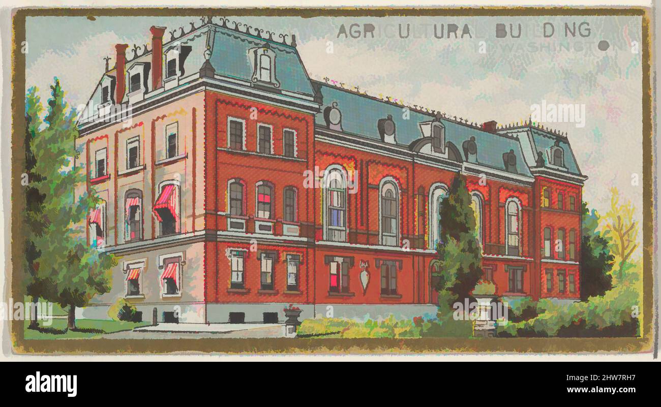 Kunst inspiriert von Agricultural Building in Washington, aus der Serie General Government and State Capitol Buildings (N14) for Allen & Ginter Cigarettes Brands, 1889, kommerzielle Farblithographie, Blatt: 1 1/2 x 2 3/4 Zoll (3,8 x 7 cm), Handelskarten von Regierung und Staat, Klassische Werke, die von Artotop mit einem Schuss Moderne modernisiert wurden. Formen, Farbe und Wert, auffällige visuelle Wirkung auf Kunst. Emotionen durch Freiheit von Kunstwerken auf zeitgemäße Weise. Eine zeitlose Botschaft, die eine wild kreative neue Richtung verfolgt. Künstler, die sich dem digitalen Medium zuwenden und die Artotop NFT erschaffen Stockfoto
