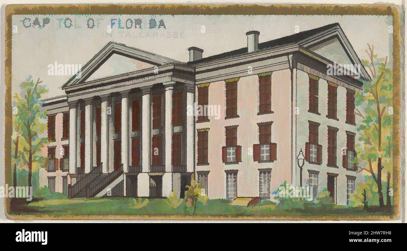 Kunst inspiriert vom Capitol of Florida in Tallahasse, aus der Serie General Government and State Capitol Buildings (N14) für Allen & Ginter Cigarettes Brands, 1889, kommerzielle Farblithographie, Blatt: 1 1/2 x 2 3/4 Zoll (3,8 x 7 cm), Handelskarten von Regierung und Staat, Klassische Werke, die von Artotop mit einem Schuss Moderne modernisiert wurden. Formen, Farbe und Wert, auffällige visuelle Wirkung auf Kunst. Emotionen durch Freiheit von Kunstwerken auf zeitgemäße Weise. Eine zeitlose Botschaft, die eine wild kreative neue Richtung verfolgt. Künstler, die sich dem digitalen Medium zuwenden und die Artotop NFT erschaffen Stockfoto