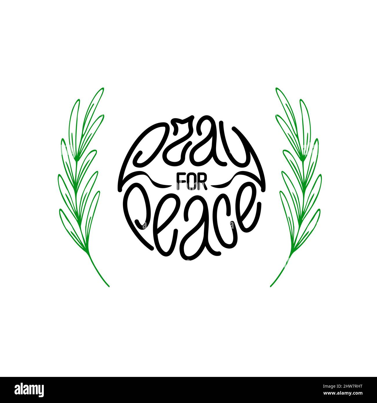 Betet für den Frieden. Schwarzer handgezeichneter Schriftzug mit grünen Olivenzweigen Stock Vektor