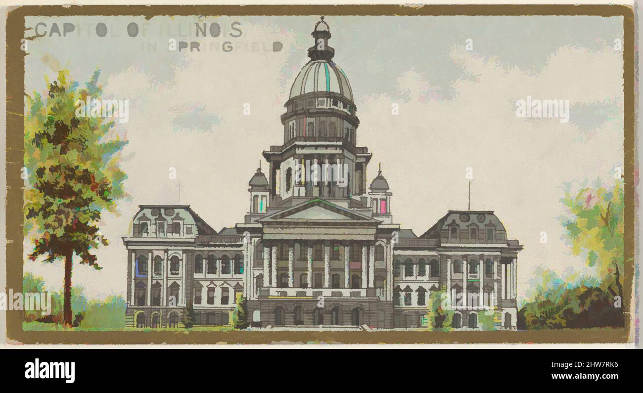 Kunst inspiriert vom Capitol of Illinois in Springfield, aus der Serie General Government and State Capitol Buildings (N14) für Allen & Ginter Cigarettes Brands, 1889, kommerzielle Farblithographie, Blatt: 1 1/2 x 2 3/4 Zoll (3,8 x 7 cm), Handelskarten von Regierung und Staat, Klassische Werke, die von Artotop mit einem Schuss Moderne modernisiert wurden. Formen, Farbe und Wert, auffällige visuelle Wirkung auf Kunst. Emotionen durch Freiheit von Kunstwerken auf zeitgemäße Weise. Eine zeitlose Botschaft, die eine wild kreative neue Richtung verfolgt. Künstler, die sich dem digitalen Medium zuwenden und die Artotop NFT erschaffen Stockfoto