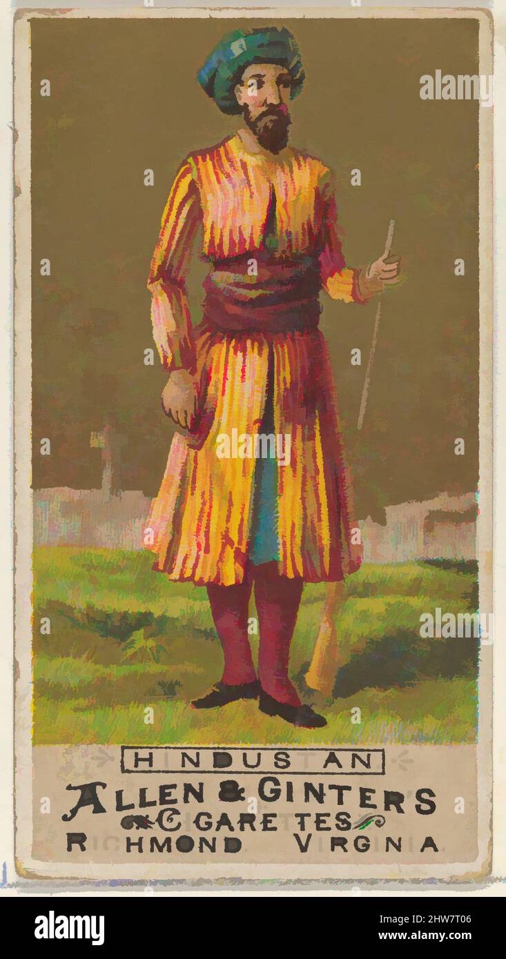 Kunst inspiriert von Hindustan, von The Natives in Costume Series (N16) for Allen & Ginter Cigarettes Brands, 1886, kommerzielle Farblithographie, Blatt: 2 3/4 x 1 1/2 Zoll (7 x 3,8 cm), Handelskarten aus der Serie „Natives in Costume“ (N16), die 1886 in einem Satz von 50 Karten zur Förderung herausgegeben wurde, klassische Werke, die von Artotop mit einem Schuss Moderne modernisiert wurden. Formen, Farbe und Wert, auffällige visuelle Wirkung auf Kunst. Emotionen durch Freiheit von Kunstwerken auf zeitgemäße Weise. Eine zeitlose Botschaft, die eine wild kreative neue Richtung verfolgt. Künstler, die sich dem digitalen Medium zuwenden und die Artotop NFT erschaffen Stockfoto