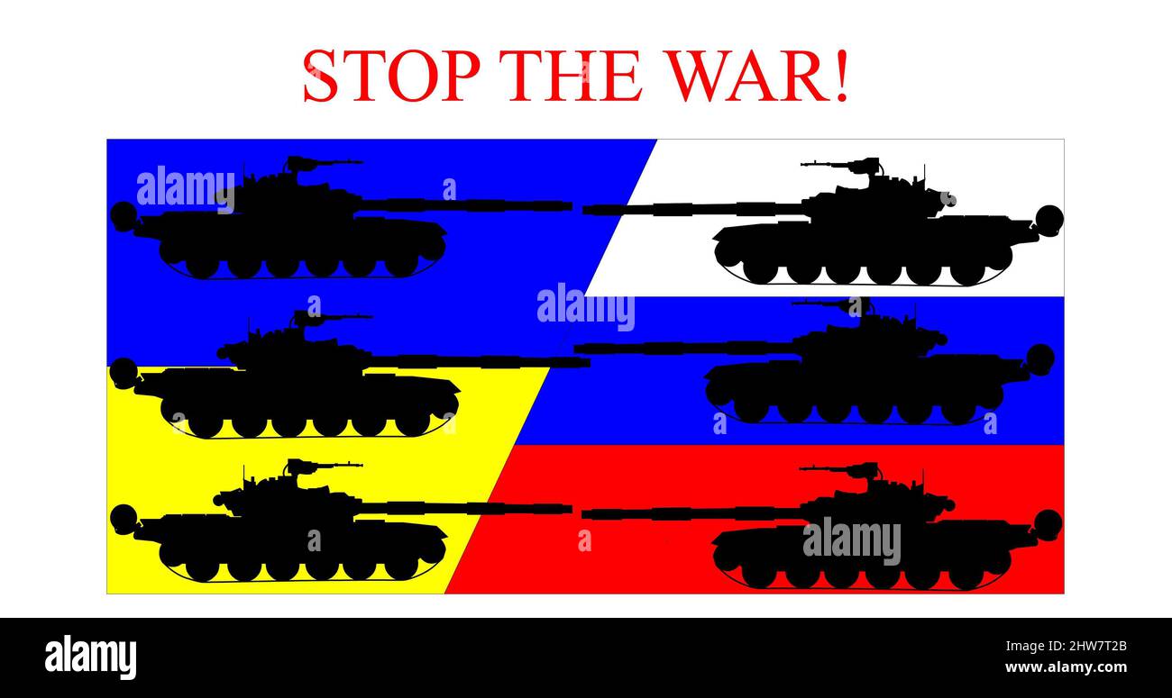 Flagge Russlands und der Ukraine. Militärische Ausrüstung. Tanks. Voorzhunny-Konflikt. Konfrontation. Krieg. Stockfoto