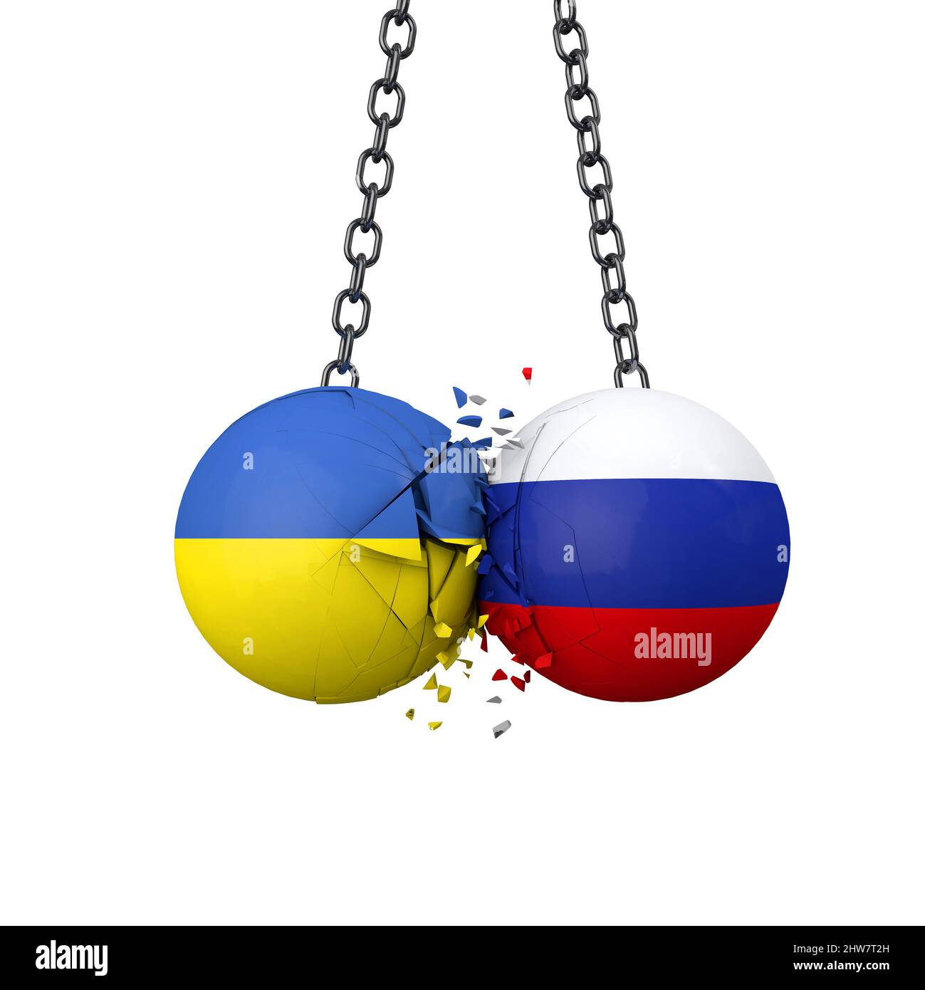 Konzept der politischen Spannungen zwischen Russland und der Ukraine. Die Abrissbälle der Nationalflagge zerschlagen zusammen. 3D Rendering Stockfoto