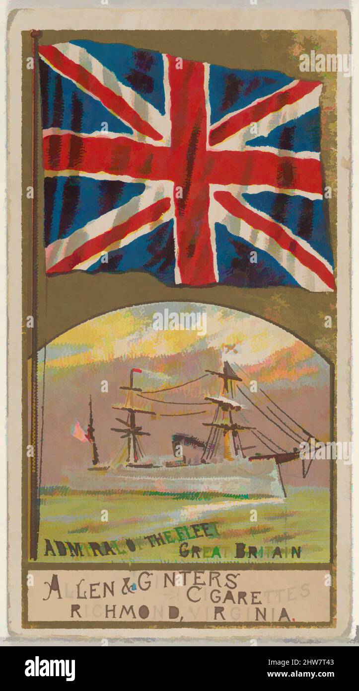 Kunst inspiriert von Admiral of the Fleet, Großbritannien, aus der Naval Flags Serie (N17) für Allen & Ginter Cigarettes Brands, ca. 1888, kommerzielle Farblithographie, Blatt: 2 3/4 x 1 1/2 Zoll (7 x 3,8 cm), Handelskarten aus der Serie 'Naval Flags' (N17), herausgegeben ca. 1888 in einem Set von 50, Classic Works modernisiert von Artotop mit einem Schuss Moderne. Formen, Farbe und Wert, auffällige visuelle Wirkung auf Kunst. Emotionen durch Freiheit von Kunstwerken auf zeitgemäße Weise. Eine zeitlose Botschaft, die eine wild kreative neue Richtung verfolgt. Künstler, die sich dem digitalen Medium zuwenden und die Artotop NFT erschaffen Stockfoto
