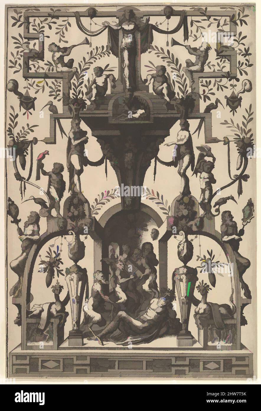 Kunst inspiriert von der Oberflächendekoration, grotesk mit Strapwork, einschließlich einer Wandnische unter einem Strapwork-Vordach, Bacchic-Szene unten von Veelderleij Veranderinghe van grotissen ende Compertimen...Libro Primo, 1556, Radierung, Blatt: 12 1/8 x 8 1/8 Zoll (30,8 x 20,7 cm), Bücher, Johannes, Klassisches Werk, das von Artotop mit einem Schuss Moderne modernisiert wurde. Formen, Farbe und Wert, auffällige visuelle Wirkung auf Kunst. Emotionen durch Freiheit von Kunstwerken auf zeitgemäße Weise. Eine zeitlose Botschaft, die eine wild kreative neue Richtung verfolgt. Künstler, die sich dem digitalen Medium zuwenden und die Artotop NFT erschaffen Stockfoto