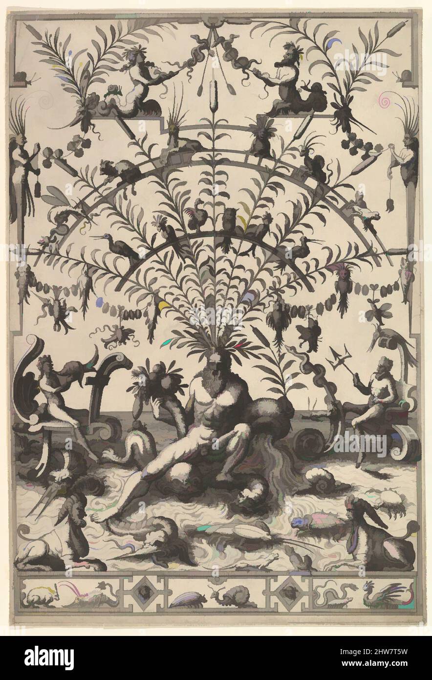 Art inspired by Modern Grotesque Decoration with a River God, 1557, Radierung, Blatt: 12 1/16 x 8 1/8 Zoll (30,7 x 20,7 cm), Johannes van Doetecum der Ältere (Niederländisch, aktiv 1554–ca. 1600, gestorben 1605), Lucas van Doetecum (Niederlandisch, aktiv 1554–72, gestorben vor 1589), After, Klassische Werke, die von Artotop mit einem Schuss Moderne modernisiert wurden. Formen, Farbe und Wert, auffällige visuelle Wirkung auf Kunst. Emotionen durch Freiheit von Kunstwerken auf zeitgemäße Weise. Eine zeitlose Botschaft, die eine wild kreative neue Richtung verfolgt. Künstler, die sich dem digitalen Medium zuwenden und die Artotop NFT erschaffen Stockfoto