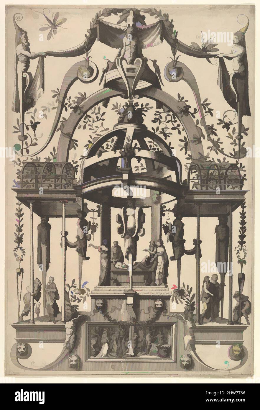 Kunst inspiriert von Oberflächendekoration, grotesk mit Strapwork, Grabszene im Tempietto, im Bas Relief Esther vor Ahasuerus von Veelderleij Veranderinghe van grotissen ende Compertimen...Libro Primo, 1556, Radierung, Blatt: 12 1/8 x 8 1/8 in. (30,8 x 20,7 cm), Books, After, Klassisches Werk, das von Artotop mit einem Schuss Moderne modernisiert wurde. Formen, Farbe und Wert, auffällige visuelle Wirkung auf Kunst. Emotionen durch Freiheit von Kunstwerken auf zeitgemäße Weise. Eine zeitlose Botschaft, die eine wild kreative neue Richtung verfolgt. Künstler, die sich dem digitalen Medium zuwenden und die Artotop NFT erschaffen Stockfoto