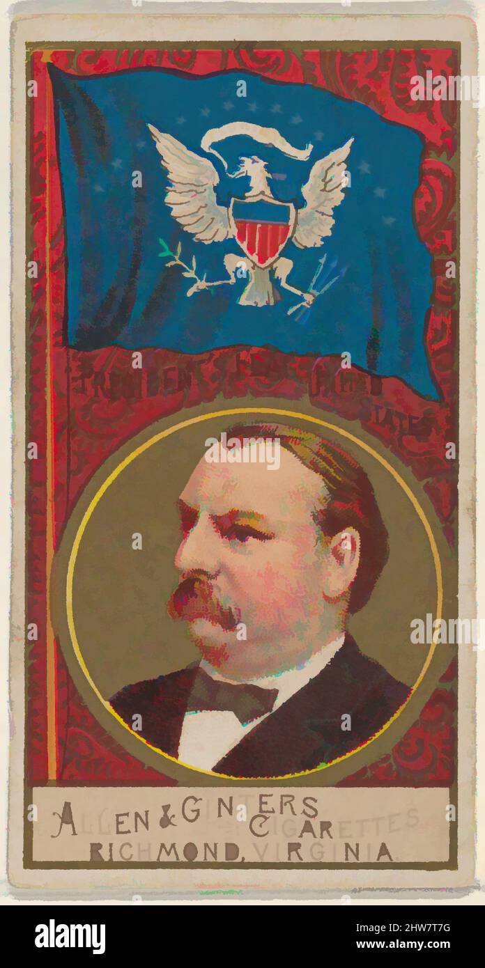 Kunst inspiriert von President's Flag, USA, aus der Naval Flags Serie (N17) für Allen & Ginter Cigarettes Brands, ca. 1888, kommerzielle Farblithographie, Blatt: 2 3/4 x 1 1/2 Zoll (7 x 3,8 cm), Handelskarten aus der Serie 'Naval Flags' (N17), herausgegeben ca. 1888 in einem Satz von 50 Karten, Classic Works modernisiert von Artotop mit einem Schuss Modernität. Formen, Farbe und Wert, auffällige visuelle Wirkung auf Kunst. Emotionen durch Freiheit von Kunstwerken auf zeitgemäße Weise. Eine zeitlose Botschaft, die eine wild kreative neue Richtung verfolgt. Künstler, die sich dem digitalen Medium zuwenden und die Artotop NFT erschaffen Stockfoto