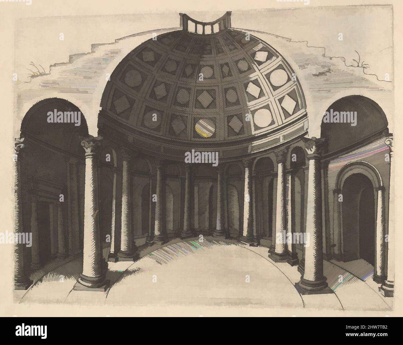 Kunst inspiriert vom Querschnitt des Rundtempels Pinaculu Termar, aus der Serie 'Ruinarum variarum fabricarum delineationes pictoribus caeterisque id genus artificibus multum utiles', ca. 1572, Ätzen, Platte: 4 3/4 x 5 7/8 Zoll (12 x 14,9 cm) (unebene Platte), Lambert Suavius (, Klassisches Werk, das von Artotop mit einem Schuss Moderne modernisiert wurde. Formen, Farbe und Wert, auffällige visuelle Wirkung auf Kunst. Emotionen durch Freiheit von Kunstwerken auf zeitgemäße Weise. Eine zeitlose Botschaft, die eine wild kreative neue Richtung verfolgt. Künstler, die sich dem digitalen Medium zuwenden und die Artotop NFT erschaffen Stockfoto