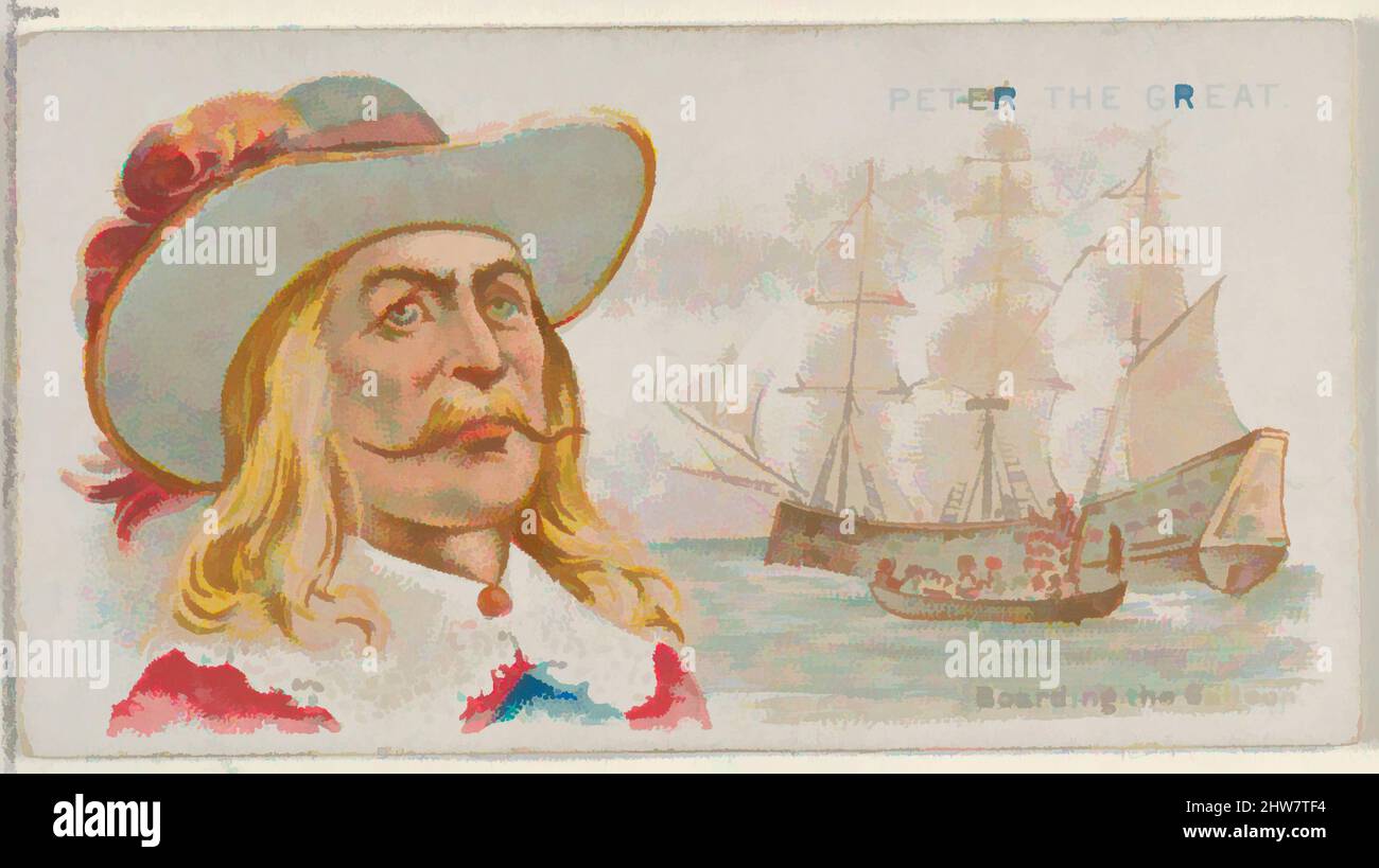 Kunst inspiriert von Jack Avery, Capturing Ship of the Great Mogul, aus der Serie Pirates of the Spanish Main (N19) für Allen & Ginter Cigarettes, ca. 1888, kommerzielle Farblithographie, Blatt: 1 1/2 x 2 3/4 Zoll (3,8 x 7 cm), Handelskarten aus der Serie „Piraten des spanischen Hauptes“ (N19, Klassisches Werk, modernisiert von Artotop mit einem Schuss Modernität. Formen, Farbe und Wert, auffällige visuelle Wirkung auf Kunst. Emotionen durch Freiheit von Kunstwerken auf zeitgemäße Weise. Eine zeitlose Botschaft, die eine wild kreative neue Richtung verfolgt. Künstler, die sich dem digitalen Medium zuwenden und die Artotop NFT erschaffen Stockfoto