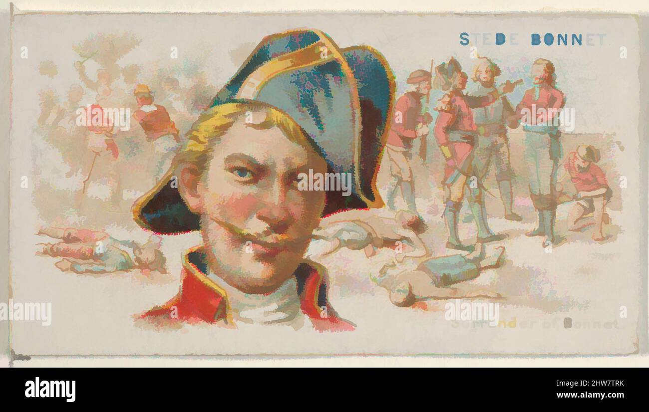Kunst inspiriert von Stede Bonnet, Surrender of Bonnet, aus der Serie Pirates of the Spanish Main (N19) für Allen & Ginter Cigarettes, ca. 1888, kommerzielle Farblithographie, Blatt: 1 1/2 x 2 3/4 Zoll (3,8 x 7 cm), Handelskarten aus der Serie 'Piraten des spanischen Hauptes' (N19), herausgegeben ca., Klassisches Werk, modernisiert von Artotop mit einem Schuss Modernität. Formen, Farbe und Wert, auffällige visuelle Wirkung auf Kunst. Emotionen durch Freiheit von Kunstwerken auf zeitgemäße Weise. Eine zeitlose Botschaft, die eine wild kreative neue Richtung verfolgt. Künstler, die sich dem digitalen Medium zuwenden und die Artotop NFT erschaffen Stockfoto