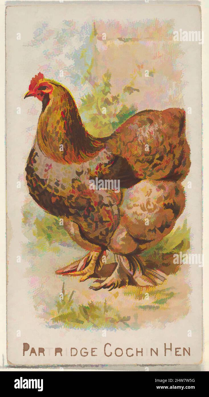 Kunst inspiriert von Partridge Cochin Hen, aus der Serie Prize and Game Chickens (N20) für Allen & Ginter Zigaretten, 1891, kommerzielle Farblithographie, Blatt: 2 3/4 x 1 1/2 Zoll (7 x 3,8 cm), Trade Cards aus der Serie „Prize and Game Chickens“ (N20), die 1891 in einem Satz von 50 Karten herausgegeben wurde, Classic Works, modernisiert von Artotop mit einem Schuss Moderne. Formen, Farbe und Wert, auffällige visuelle Wirkung auf Kunst. Emotionen durch Freiheit von Kunstwerken auf zeitgemäße Weise. Eine zeitlose Botschaft, die eine wild kreative neue Richtung verfolgt. Künstler, die sich dem digitalen Medium zuwenden und die Artotop NFT erschaffen Stockfoto