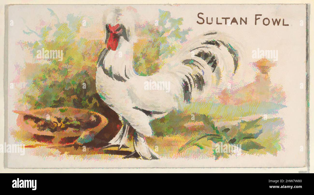 Kunst inspiriert von Sultan Fowl, aus der Serie Prize and Game Chickens (N20) für Allen & Ginter Cigarettes, 1891, kommerzielle Farblithographie, Blatt: 1 1/2 x 2 3/4 Zoll (3,8 x 7 cm), Tauschkarten aus der Serie „Prize and Game Chickens“ (N20), die 1891 in einem Satz von 50 Karten an Classic Works ausgestellt wurde, die von Artotop mit einem Schuss Modernität modernisiert wurden. Formen, Farbe und Wert, auffällige visuelle Wirkung auf Kunst. Emotionen durch Freiheit von Kunstwerken auf zeitgemäße Weise. Eine zeitlose Botschaft, die eine wild kreative neue Richtung verfolgt. Künstler, die sich dem digitalen Medium zuwenden und die Artotop NFT erschaffen Stockfoto