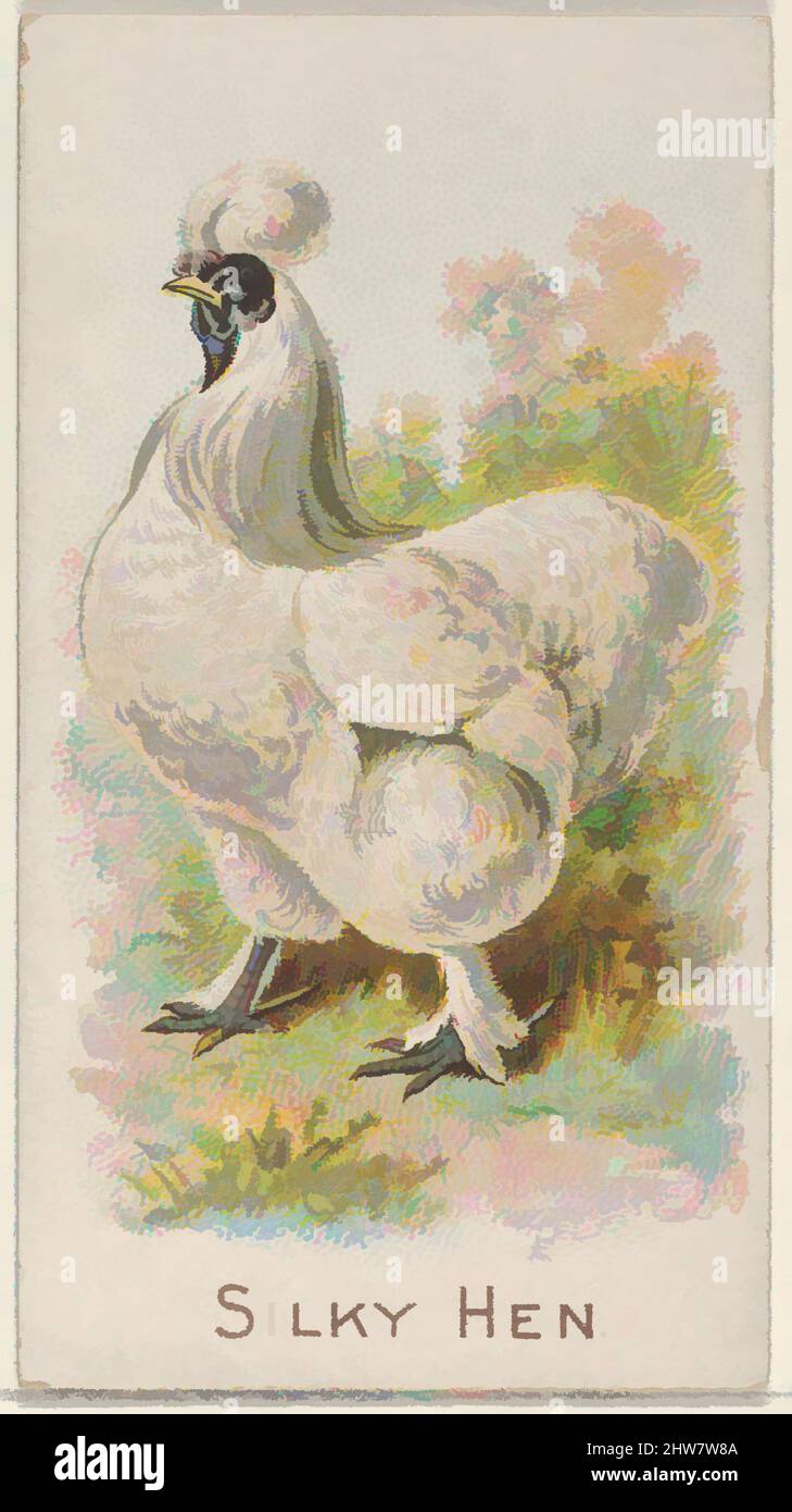 Kunst inspiriert von Silky Hen, aus der Serie Prize and Game Chickens (N20) für Allen & Ginter Zigaretten, 1891, kommerzielle Farblithographie, Blatt: 2 3/4 x 1 1/2 Zoll (7 x 3,8 cm), Tauschkarten aus der Serie „Prize and Game Chickens“ (N20), die 1891 in einem Satz von 50 Karten für die Werbung herausgegeben wurde. Classic Works wurde von Artotop mit einem Schuss Modernität modernisiert. Formen, Farbe und Wert, auffällige visuelle Wirkung auf Kunst. Emotionen durch Freiheit von Kunstwerken auf zeitgemäße Weise. Eine zeitlose Botschaft, die eine wild kreative neue Richtung verfolgt. Künstler, die sich dem digitalen Medium zuwenden und die Artotop NFT erschaffen Stockfoto