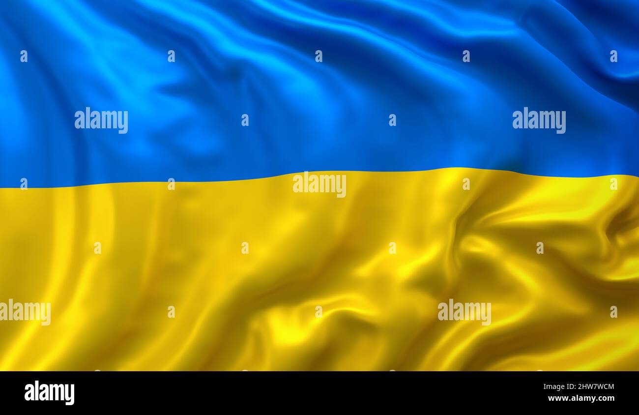 Flagge der Ukraine weht im Wind. Ganzseitige ukrainische Flagge. Stockfoto