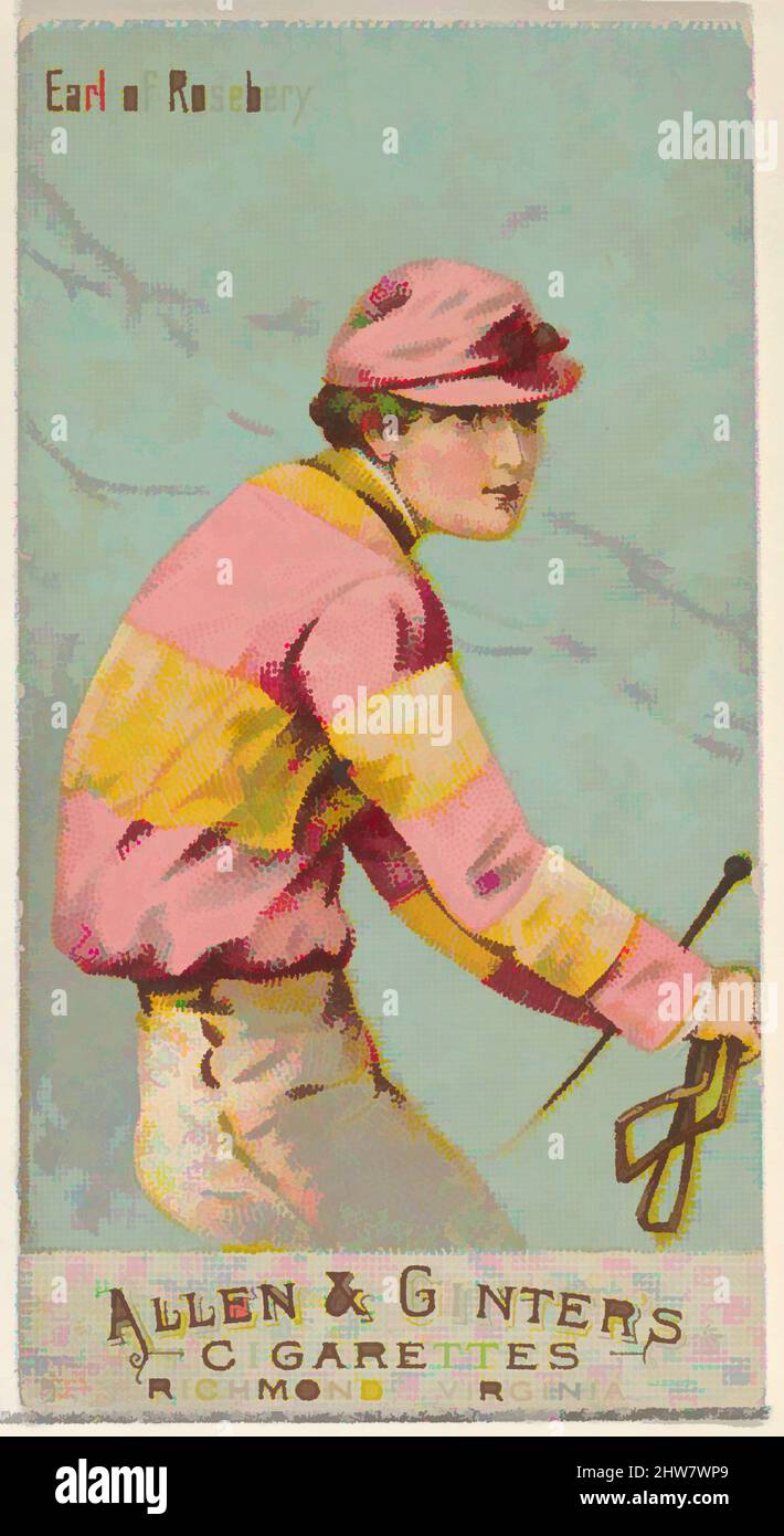 Von Duke of Rosebery inspirierte Kunst aus der Serie Racing Colours of the World (N22b) für Allen & Ginter Cigarettes, 1888, kommerzielle Farblithographie, Blatt: 2 3/4 x 1 1/2 Zoll (7 x 3,8 cm), Handelskarten aus der Serie „Racing Colors of the World“ (N22b), die 1888 in einem Set von 50 Stück herausgegeben wurde, Classic Works, die von Artotop mit einem Schuss Moderne modernisiert wurden. Formen, Farbe und Wert, auffällige visuelle Wirkung auf Kunst. Emotionen durch Freiheit von Kunstwerken auf zeitgemäße Weise. Eine zeitlose Botschaft, die eine wild kreative neue Richtung verfolgt. Künstler, die sich dem digitalen Medium zuwenden und die Artotop NFT erschaffen Stockfoto
