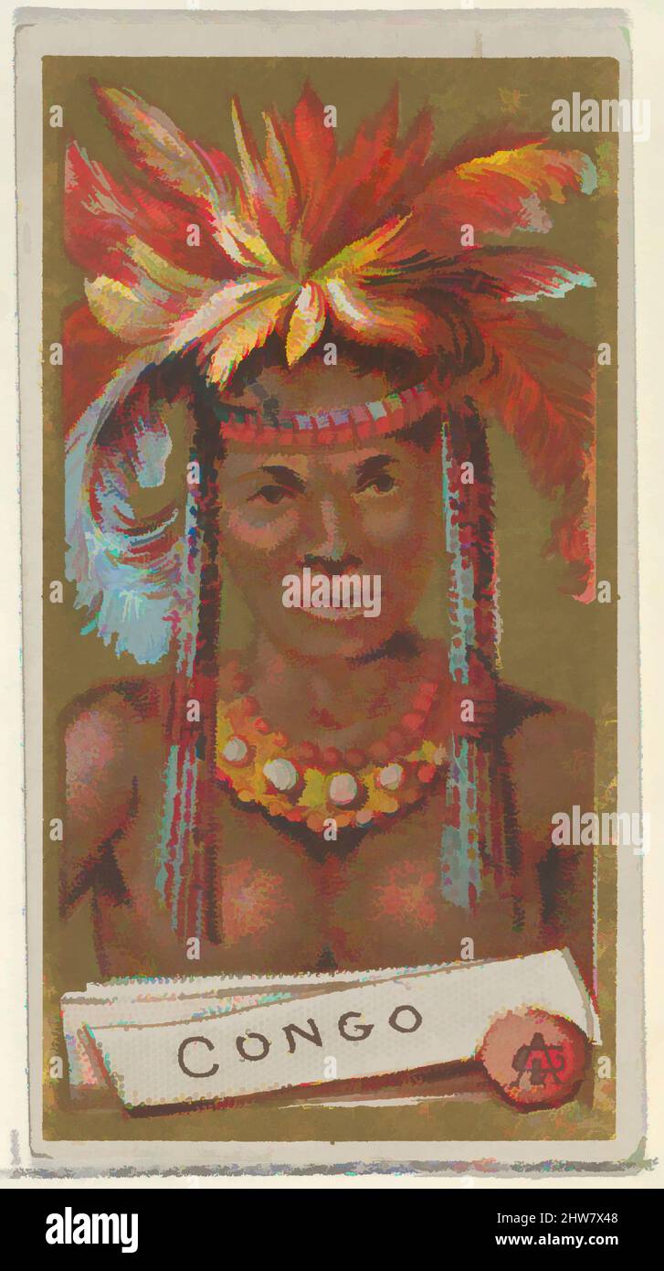 Kunst inspiriert vom Kongo, aus der Serie Types of All Nations (N24) für Allen & Ginter Zigaretten, 1889, kommerzielle Farblithographie, Blatt: 2 3/4 x 1 1/2 Zoll (7 x 3,8 cm), Tauschkarten aus der Serie 'Typen aller Nationen' (N24), die 1889 in einem Satz von 50 Karten zur Förderung von Allen herausgegeben wurde, klassische Werke, die von Artotop mit einem Schuss Modernität modernisiert wurden. Formen, Farbe und Wert, auffällige visuelle Wirkung auf Kunst. Emotionen durch Freiheit von Kunstwerken auf zeitgemäße Weise. Eine zeitlose Botschaft, die eine wild kreative neue Richtung verfolgt. Künstler, die sich dem digitalen Medium zuwenden und die Artotop NFT erschaffen Stockfoto