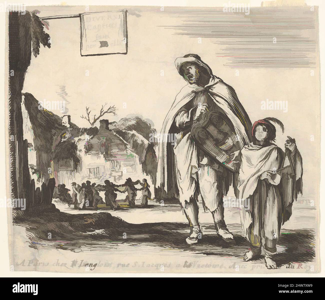 Art Inspired by Plate 1: Ein Mann singt und spielt die Drehleier, begleitet von einem Jungen, der das Dreieck nach rechts spielt, eine Gruppe von Bauern, die im Hintergrund in einem Ring nach links tanzen, Titelseite zu 'Diversi capricci', ca. 1644–47, Radierung; Dritter Zustand der vier (De Vesme), Blatt: 3 5/16 x 3 7/, Klassisches Werk, modernisiert von Artotop mit einem Schuss Moderne. Formen, Farbe und Wert, auffällige visuelle Wirkung auf Kunst. Emotionen durch Freiheit von Kunstwerken auf zeitgemäße Weise. Eine zeitlose Botschaft, die eine wild kreative neue Richtung verfolgt. Künstler, die sich dem digitalen Medium zuwenden und die Artotop NFT erschaffen Stockfoto