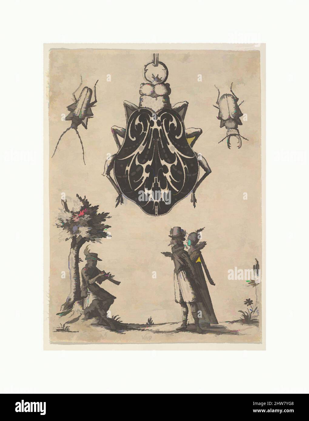 Kunst inspiriert von Anhänger in Form eines Käfer mit einem Paar und einem jungen Mann spielen ein Instrument, 1619, Schwarzarbeit und Gravur, Platte: 4 3/16 x 3 1/16 Zoll (10,7 x 7,8 cm), Jean Toutin (französisch, Chateaudun 1578–1644 Charenton), Jean I Toutin kombinierte oft seine Entwürfe für Goldschmiede, von Artotop modernisierte klassische Werke mit einem Schuss Moderne. Formen, Farbe und Wert, auffällige visuelle Wirkung auf Kunst. Emotionen durch Freiheit von Kunstwerken auf zeitgemäße Weise. Eine zeitlose Botschaft, die eine wild kreative neue Richtung verfolgt. Künstler, die sich dem digitalen Medium zuwenden und die Artotop NFT erschaffen Stockfoto