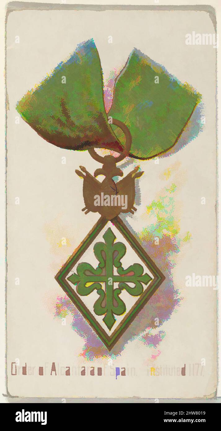Art Inspired by Order of Alcantara of Spain, gestiftet 1177, aus der World's Decorations Series (N30) for Allen & Ginter Cigarettes, 1890, kommerzielle Farblithographie, Blatt: 2 3/4 x 1 1/2 Zoll (7 x 3,8 cm), Handelskarten aus der Serie 'World's Decorations' (N30), die 1890 in einem von Artotop modernisierten, klassischen Werk mit einem Schuss Modernität herausgegeben wurde. Formen, Farbe und Wert, auffällige visuelle Wirkung auf Kunst. Emotionen durch Freiheit von Kunstwerken auf zeitgemäße Weise. Eine zeitlose Botschaft, die eine wild kreative neue Richtung verfolgt. Künstler, die sich dem digitalen Medium zuwenden und die Artotop NFT erschaffen Stockfoto