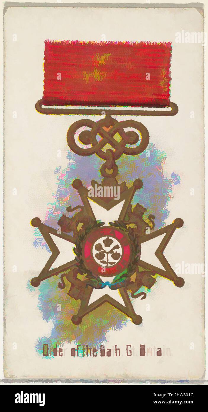 Art Inspired by Order of the Bath, Großbritannien, from the World's Decorations Series (N30) for Allen & Ginter Cigarettes, 1890, Commercial color Lithographie, Blatt: 2 3/4 x 1 1/2 Zoll (7 x 3,8 cm), Handelskarten aus der Serie „World's Decorations“ (N30), die 1890 in einem Set von 50 Stück herausgegeben wurde, Klassisches Werk, das von Artotop mit einem Schuss Moderne modernisiert wurde. Formen, Farbe und Wert, auffällige visuelle Wirkung auf Kunst. Emotionen durch Freiheit von Kunstwerken auf zeitgemäße Weise. Eine zeitlose Botschaft, die eine wild kreative neue Richtung verfolgt. Künstler, die sich dem digitalen Medium zuwenden und die Artotop NFT erschaffen Stockfoto