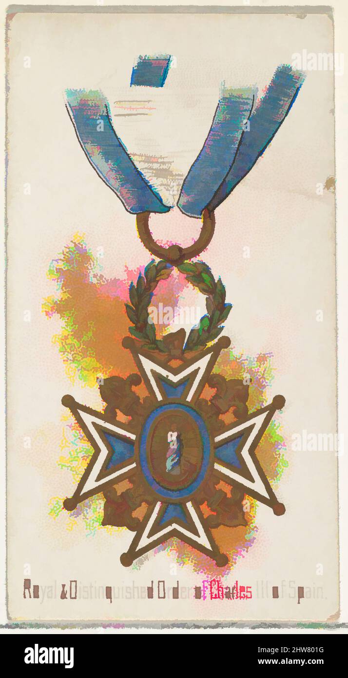 Kunst inspiriert von dem Königlichen und Distinguished Order of Charles III of Spain, aus der World's Decorations Series (N30) for Allen & Ginter Cigarettes, 1890, kommerzielle Farblithographie, Blatt: 2 3/4 x 1 1/2 Zoll (7 x 3,8 cm), Handelskarten aus der Serie 'World's Decorations' (N30), herausgegeben in, Klassisches Werk, modernisiert von Artotop mit einem Schuss Moderne. Formen, Farbe und Wert, auffällige visuelle Wirkung auf Kunst. Emotionen durch Freiheit von Kunstwerken auf zeitgemäße Weise. Eine zeitlose Botschaft, die eine wild kreative neue Richtung verfolgt. Künstler, die sich dem digitalen Medium zuwenden und die Artotop NFT erschaffen Stockfoto