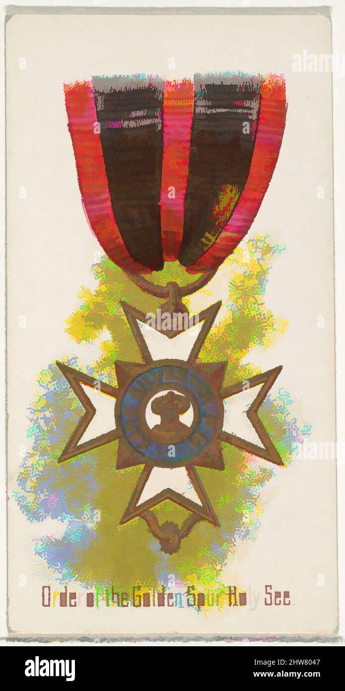 Art Inspired by Order of the Golden Spur, Holy See, from the World's Decorations series (N30) for Allen & Ginter Cigarettes, 1890, Commercial color lithograph, Sheet: 2 3/4 x 1 1/2 in. (7 x 3,8 cm), Handelskarten aus der Serie „World's Decorations“ (N30), die 1890 in einem Set von 50 Stück herausgegeben wurde, Klassisches Werk, das von Artotop mit einem Schuss Moderne modernisiert wurde. Formen, Farbe und Wert, auffällige visuelle Wirkung auf Kunst. Emotionen durch Freiheit von Kunstwerken auf zeitgemäße Weise. Eine zeitlose Botschaft, die eine wild kreative neue Richtung verfolgt. Künstler, die sich dem digitalen Medium zuwenden und die Artotop NFT erschaffen Stockfoto
