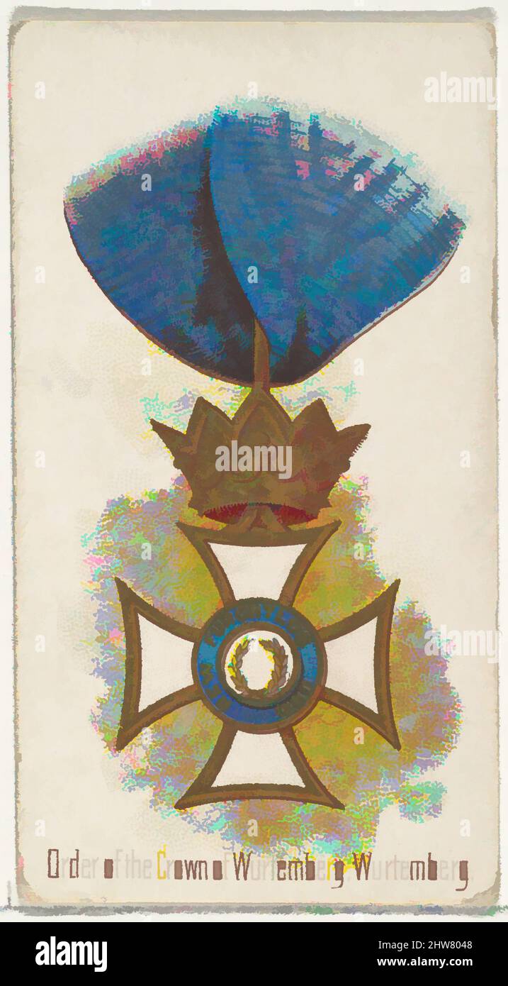 Kunst inspiriert vom Order of the Crown of Württemberg, Württemberg, aus der World's Decorations Series (N30) für Allen & Ginter Zigaretten, 1890, kommerzielle Farblithographie, Blatt: 2 3/4 x 1 1/2 Zoll (7 x 3,8 cm), Handelskarten aus der Serie 'World's Decorations' (N30), herausgegeben 1890 in, Klassisches Werk, modernisiert von Artotop mit einem Schuss Moderne. Formen, Farbe und Wert, auffällige visuelle Wirkung auf Kunst. Emotionen durch Freiheit von Kunstwerken auf zeitgemäße Weise. Eine zeitlose Botschaft, die eine wild kreative neue Richtung verfolgt. Künstler, die sich dem digitalen Medium zuwenden und die Artotop NFT erschaffen Stockfoto