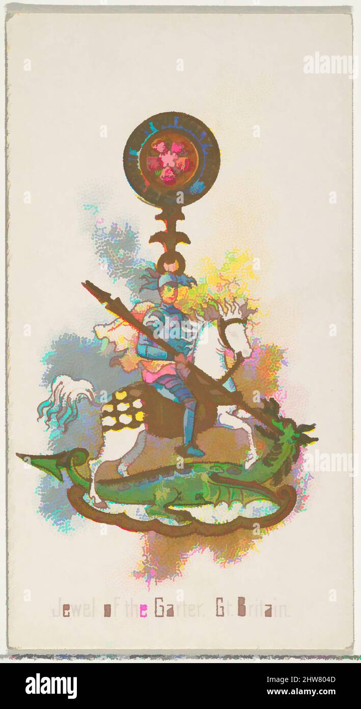 Art Inspired by Jewel of the Garter, Großbritannien, from the World's Decorations Series (N30) for Allen & Ginter Cigarettes, 1890, kommerzielle Farblithographie, Blatt: 2 3/4 x 1 1/2 Zoll (7 x 3,8 cm), Handelskarten aus der Serie „World's Decorations“ (N30), die 1890 in einem Set von 50 Stück herausgegeben wurde, Klassisches Werk, das von Artotop mit einem Schuss Moderne modernisiert wurde. Formen, Farbe und Wert, auffällige visuelle Wirkung auf Kunst. Emotionen durch Freiheit von Kunstwerken auf zeitgemäße Weise. Eine zeitlose Botschaft, die eine wild kreative neue Richtung verfolgt. Künstler, die sich dem digitalen Medium zuwenden und die Artotop NFT erschaffen Stockfoto