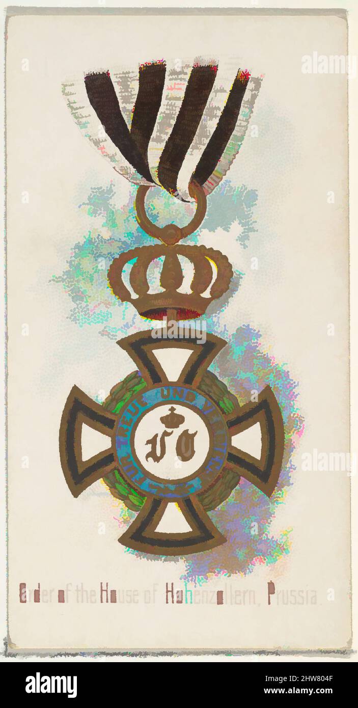 Kunst inspiriert von Order of the House of Hohenzollern, Preußen, aus der World's Decorations Series (N30) für Allen & Ginter Zigaretten, 1890, kommerzielle Farblithographie, Blatt: 2 3/4 x 1 1/2 Zoll (7 x 3,8 cm), Handelskarten aus der Serie 'World's Decorations' (N30), die 1890 in einem von Artotop modernisierten, klassischen Werk mit einem Schuss Modernität herausgegeben wurde. Formen, Farbe und Wert, auffällige visuelle Wirkung auf Kunst. Emotionen durch Freiheit von Kunstwerken auf zeitgemäße Weise. Eine zeitlose Botschaft, die eine wild kreative neue Richtung verfolgt. Künstler, die sich dem digitalen Medium zuwenden und die Artotop NFT erschaffen Stockfoto