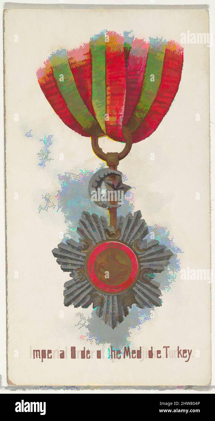 Kunst inspiriert von Imperial Order of the Medjidie, Türkei, aus der World's Decorations Series (N30) for Allen & Ginter Cigarettes, 1890, kommerzielle Farblithographie, Blatt: 2 3/4 x 1 1/2 Zoll (7 x 3,8 cm), Handelskarten aus der Serie 'World's Decorations' (N30), die 1890 in einer Reihe von klassischen Werken herausgegeben wurde, die von Artotop mit einem Schuss Moderne modernisiert wurden. Formen, Farbe und Wert, auffällige visuelle Wirkung auf Kunst. Emotionen durch Freiheit von Kunstwerken auf zeitgemäße Weise. Eine zeitlose Botschaft, die eine wild kreative neue Richtung verfolgt. Künstler, die sich dem digitalen Medium zuwenden und die Artotop NFT erschaffen Stockfoto
