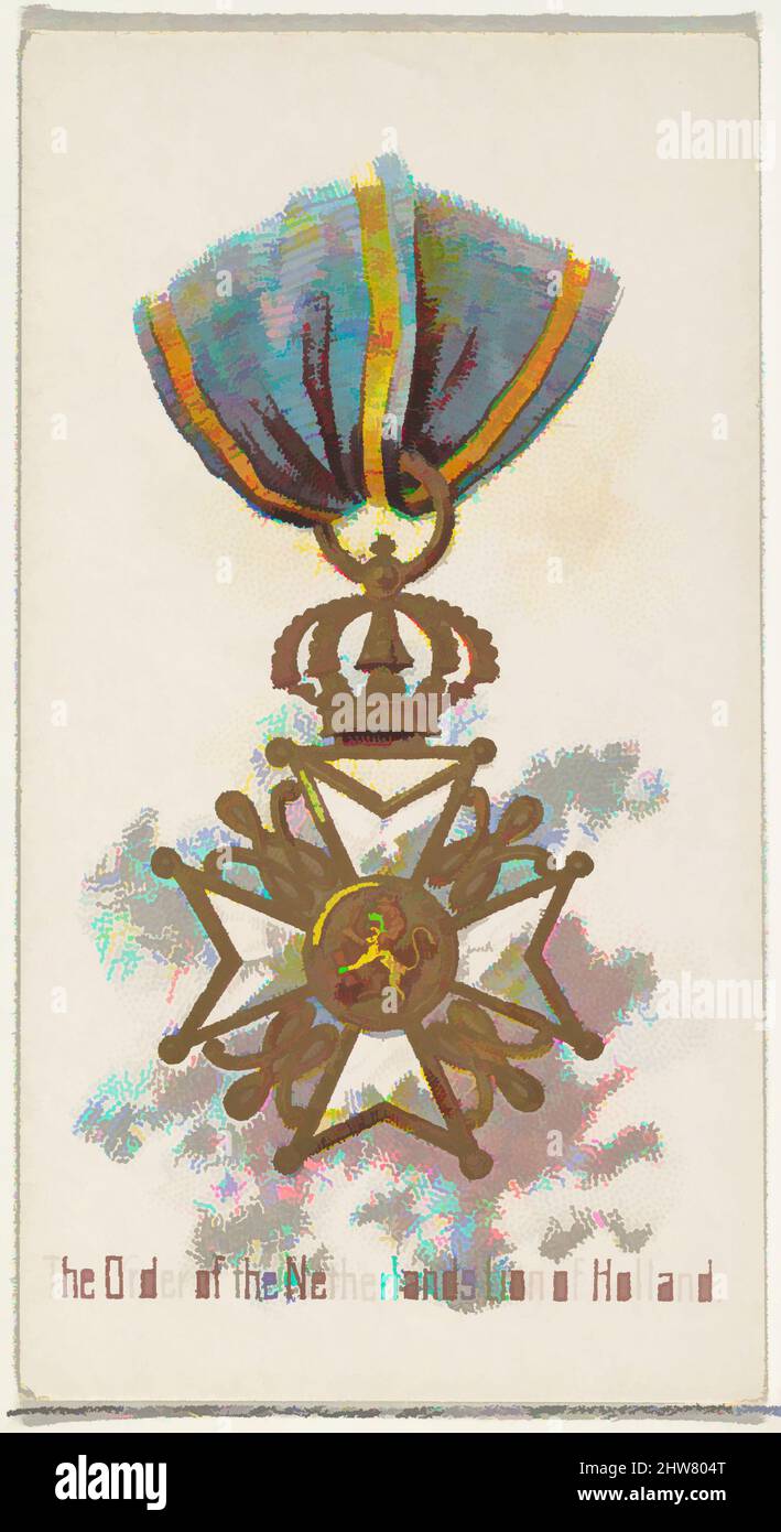 Kunst, inspiriert vom Orden des niederländischen Löwen von Holland, aus der Serie World's Decorations (N30) für Allen & Ginter Zigaretten, 1890, kommerzielle Farblithographie, Blatt: 2 3/4 x 1 1/2 Zoll (7 x 3,8 cm), Handelskarten aus der Serie 'World's Decorations' (N30), die 1890 in einem von Artotop modernisierten, klassischen Werk mit einem Schuss Modernität herausgegeben wurde. Formen, Farbe und Wert, auffällige visuelle Wirkung auf Kunst. Emotionen durch Freiheit von Kunstwerken auf zeitgemäße Weise. Eine zeitlose Botschaft, die eine wild kreative neue Richtung verfolgt. Künstler, die sich dem digitalen Medium zuwenden und die Artotop NFT erschaffen Stockfoto