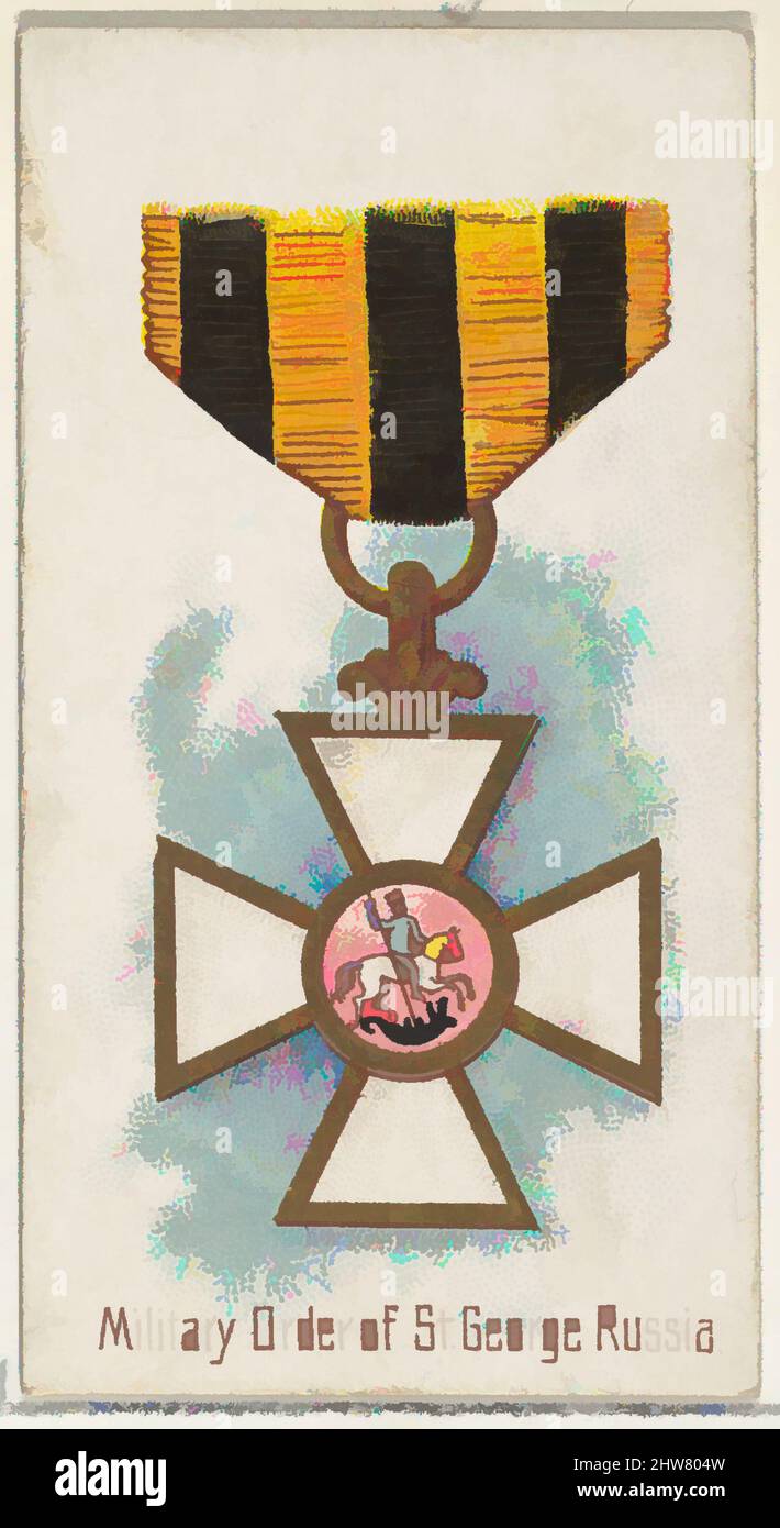 Kunst inspiriert vom Militärorden St. George, Russland, aus der Serie The World's Decorations (N30) für Allen & Ginter Zigaretten, 1890, kommerzielle Farblithographie, Blatt: 2 3/4 x 1 1/2 Zoll (7 x 3,8 cm), Handelskarten aus der Serie 'World's Decorations' (N30), die 1890 in einer Reihe von klassischen Werken herausgegeben wurde, die von Artotop mit einem Schuss Moderne modernisiert wurden. Formen, Farbe und Wert, auffällige visuelle Wirkung auf Kunst. Emotionen durch Freiheit von Kunstwerken auf zeitgemäße Weise. Eine zeitlose Botschaft, die eine wild kreative neue Richtung verfolgt. Künstler, die sich dem digitalen Medium zuwenden und die Artotop NFT erschaffen Stockfoto