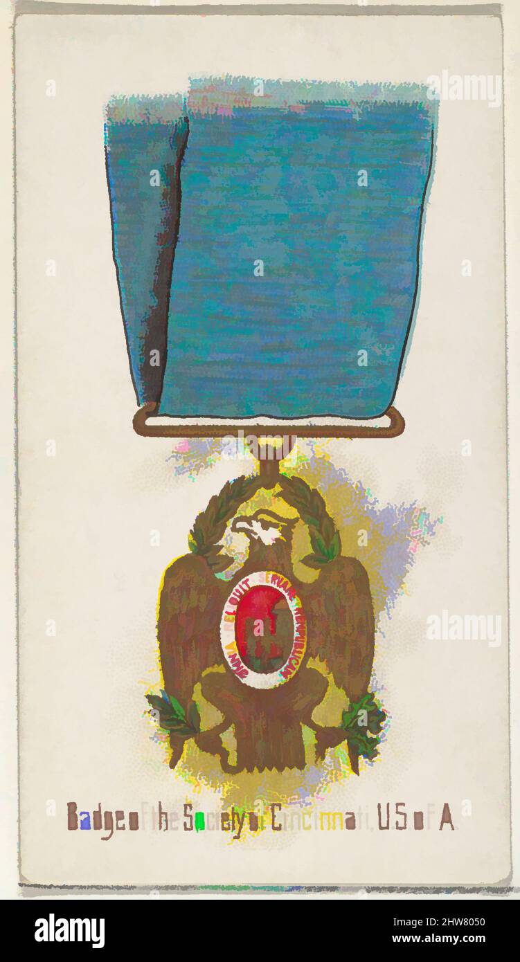Art Inspired by Badge of the Society of Cincinnati, United States of America, from the World's Decorations Series (N30) for Allen & Ginter Cigarettes, 1890, Commercial color Lithographie, Blatt: 2 3/4 x 1 1/2 Zoll (7 x 3,8 cm), Handelskarten aus der Serie 'World's Decorations' (N30, Klassisches Werk, modernisiert von Artotop mit einem Schuss Moderne. Formen, Farbe und Wert, auffällige visuelle Wirkung auf Kunst. Emotionen durch Freiheit von Kunstwerken auf zeitgemäße Weise. Eine zeitlose Botschaft, die eine wild kreative neue Richtung verfolgt. Künstler, die sich dem digitalen Medium zuwenden und die Artotop NFT erschaffen Stockfoto