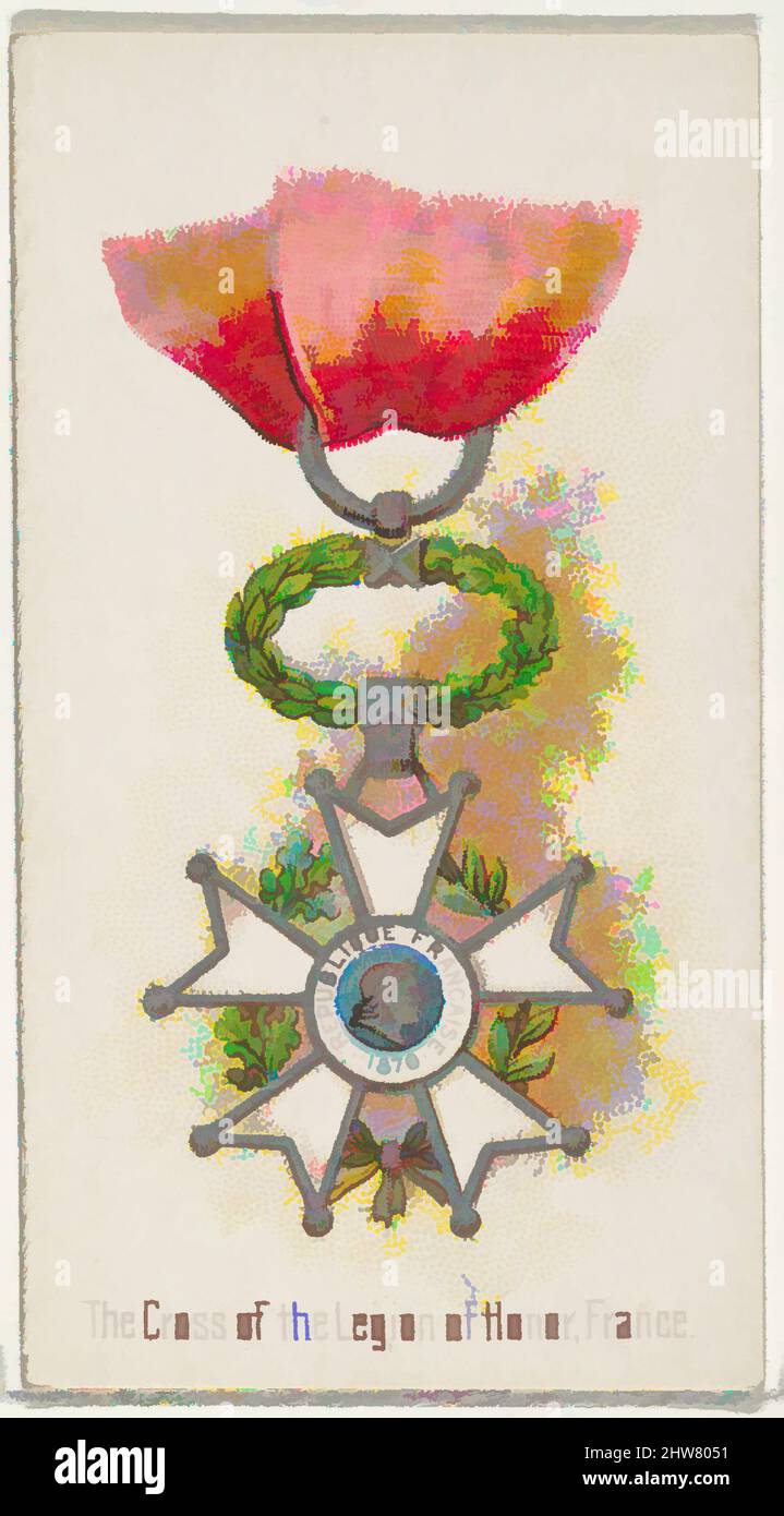 Kunst, inspiriert vom Kreuz der Ehrenlegion, Frankreich, aus der World's Decorations Series (N30) für Allen & Ginter Zigaretten, 1890, kommerzielle Farblithographie, Blatt: 2 3/4 x 1 1/2 Zoll (7 x 3,8 cm), Handelskarten aus der Serie 'World's Decorations' (N30), die 1890 in einem Set herausgegeben wurde, klassische Werke, die von Artotop mit einem Schuss Modernität modernisiert wurden. Formen, Farbe und Wert, auffällige visuelle Wirkung auf Kunst. Emotionen durch Freiheit von Kunstwerken auf zeitgemäße Weise. Eine zeitlose Botschaft, die eine wild kreative neue Richtung verfolgt. Künstler, die sich dem digitalen Medium zuwenden und die Artotop NFT erschaffen Stockfoto